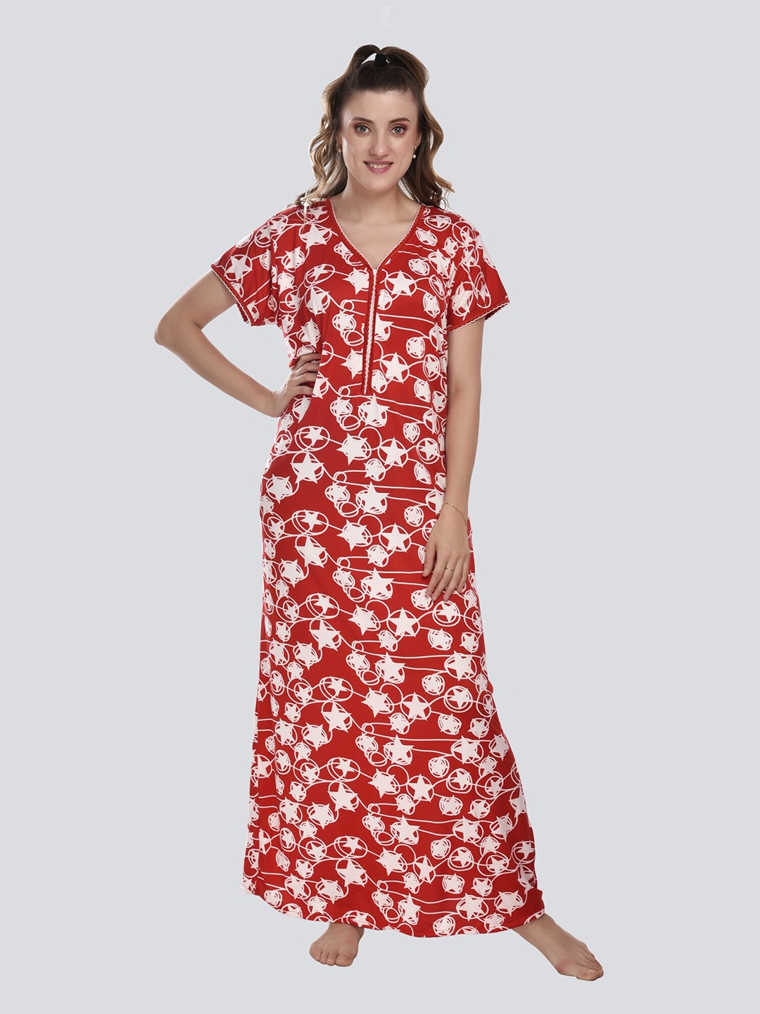 

CIERGE Women Red Printed Pure Cotton Maxi Nightdress