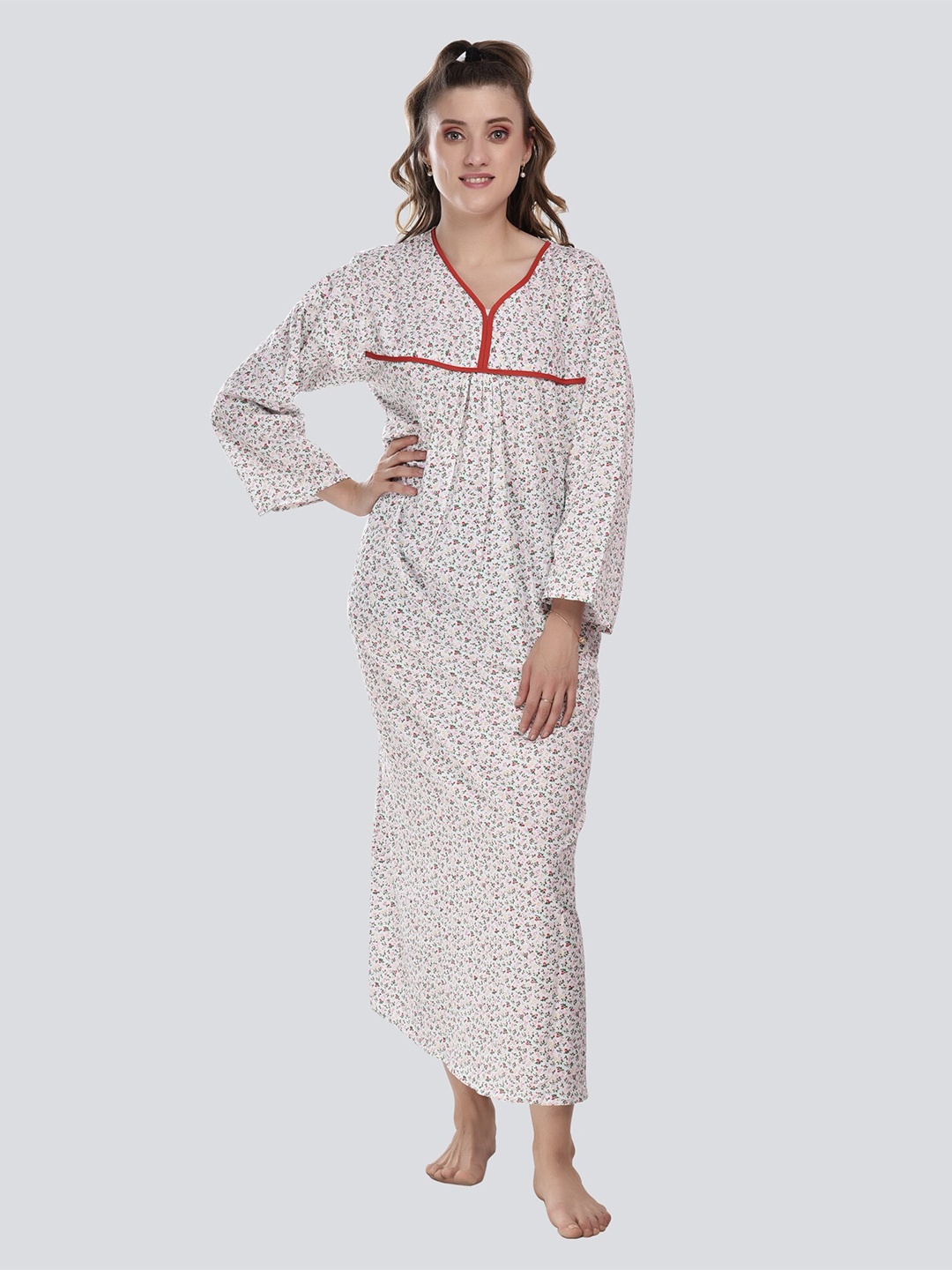 

CIERGE Women White Printed Pure Cotton Maxi Nightdress