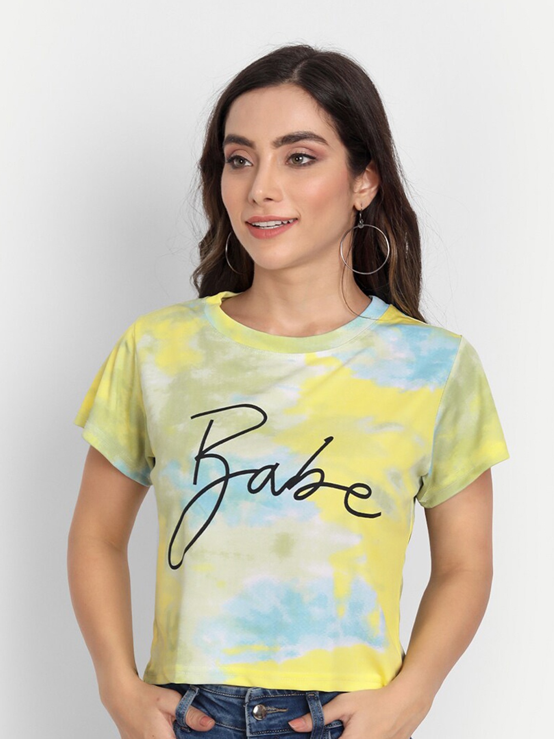 

FRAUTICA Women Yellow & Blue Tie and Dye Dyed T-shirt