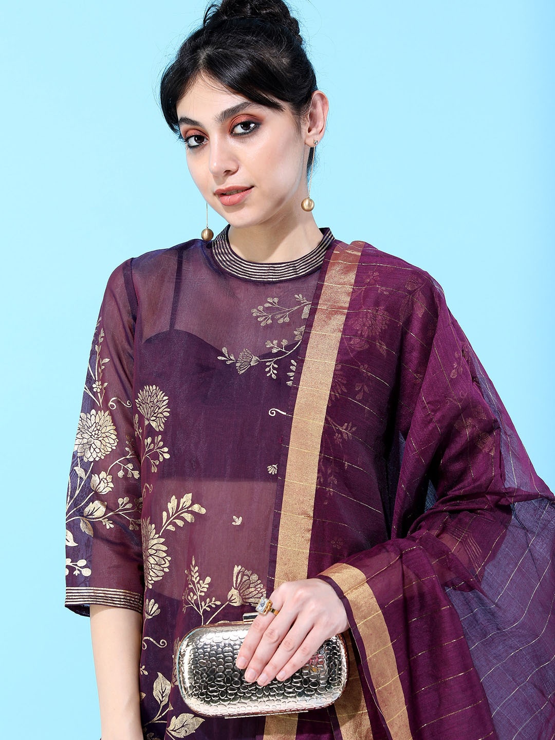 

Vishudh Women Maroon Floral Embroidered Layered Kurta With Inner And Trouser And Dupatta