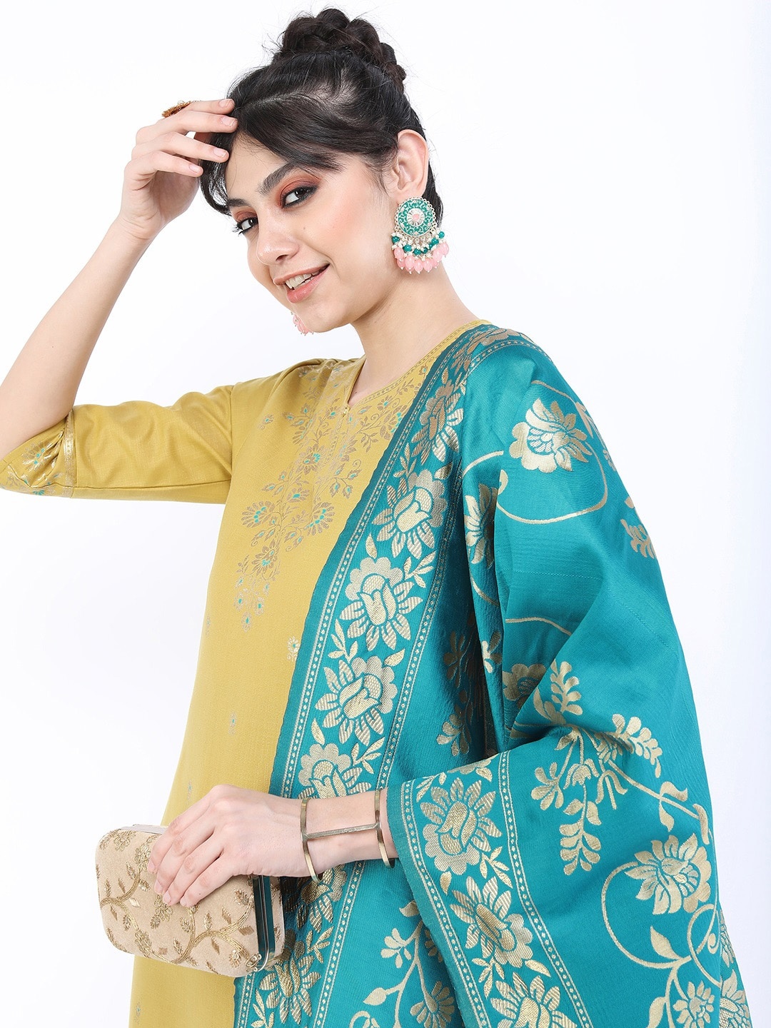 

Vishudh Women Yellow Ethnic Motifs Embroidered Kurta with Palazzos & With Dupatta