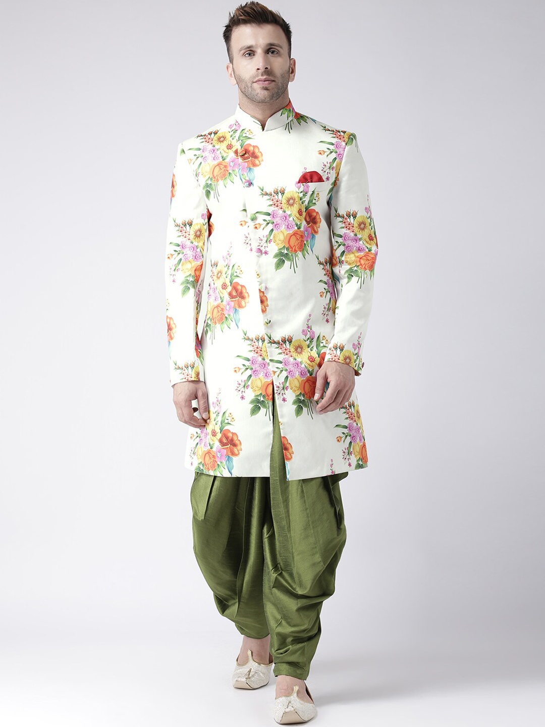 

Hangup Men White & Olive Green Floral Printed Above Knee Length Sherwani with Dhoti Pant Set