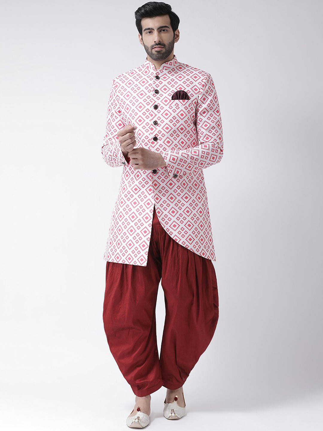 

Hangup Men White & Pink Printed Sherwani Set