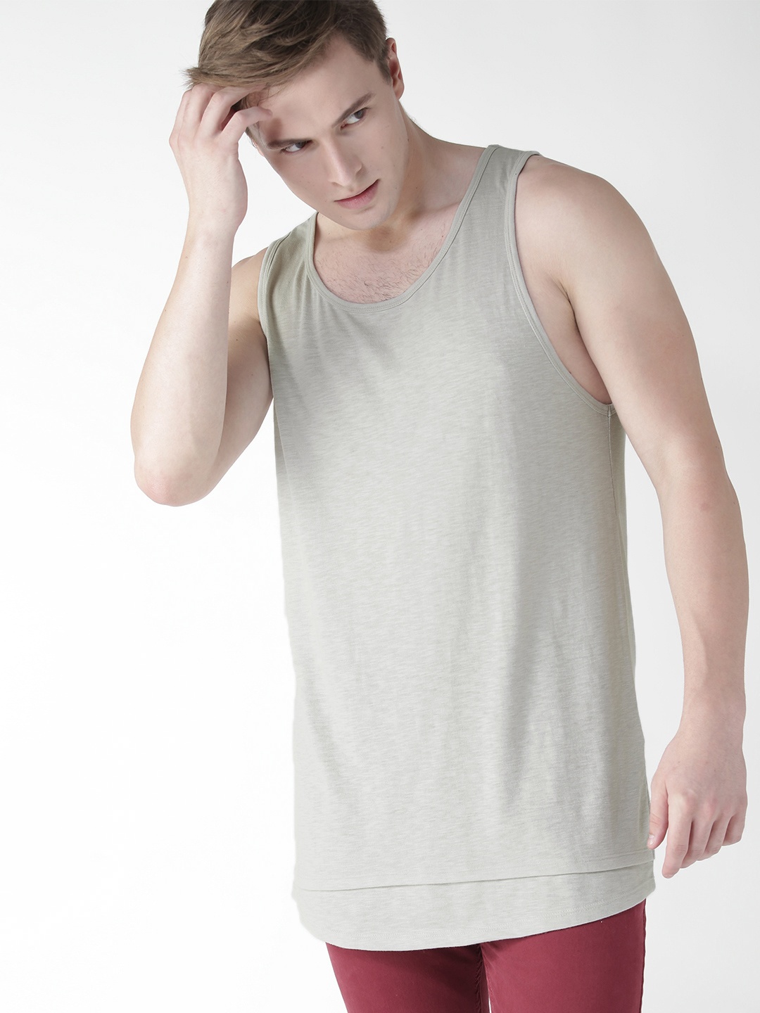 

FOREVER 21 Men Grey Solid Sleeveless T-shirt