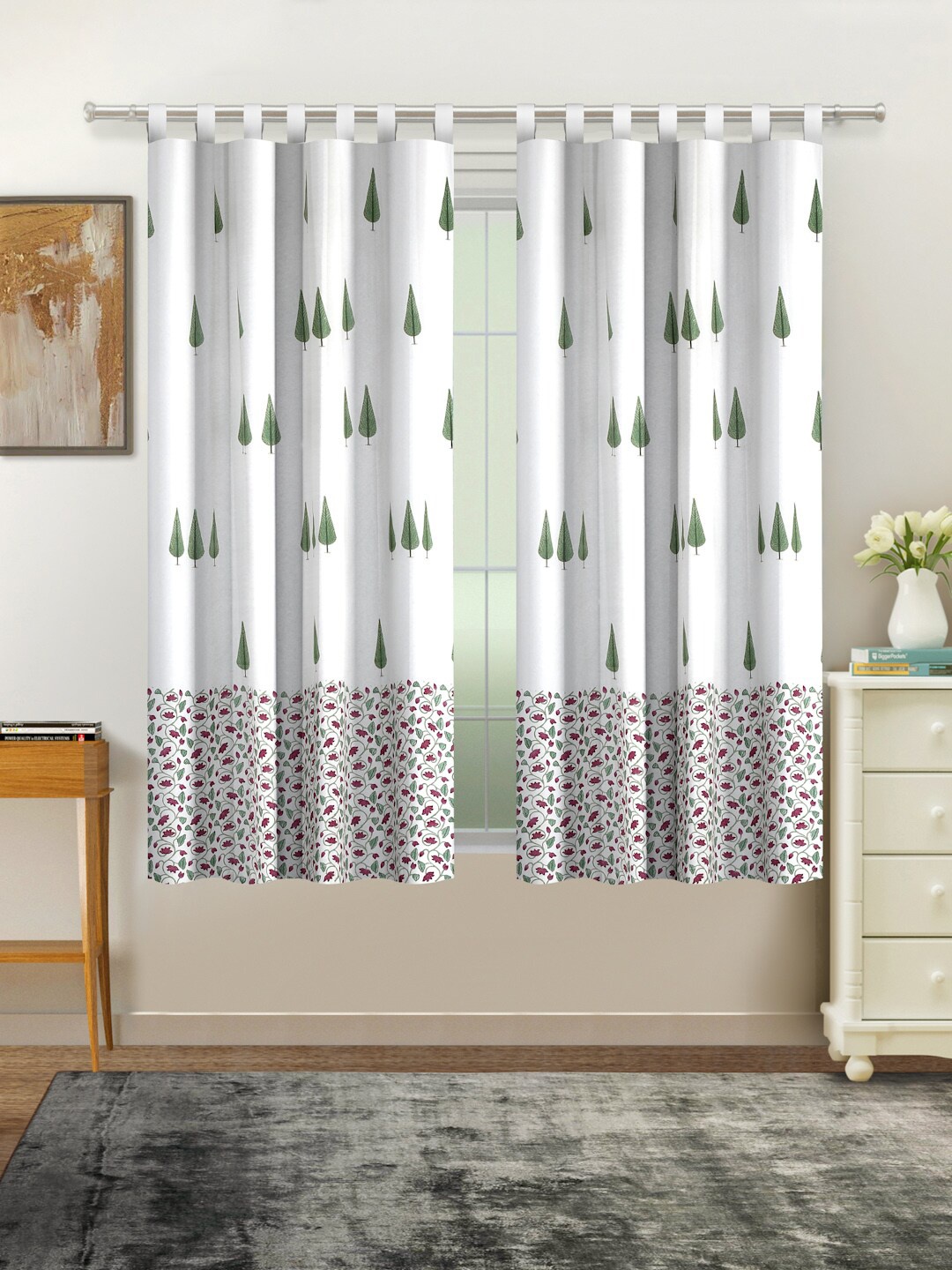 

Rajasthan Decor Set of 2 White & Green Floral Window Curtain