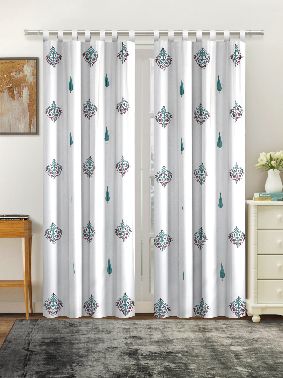 

Rajasthan Decor White & Green Set of 2 Ethnic Motifs Door Curtain