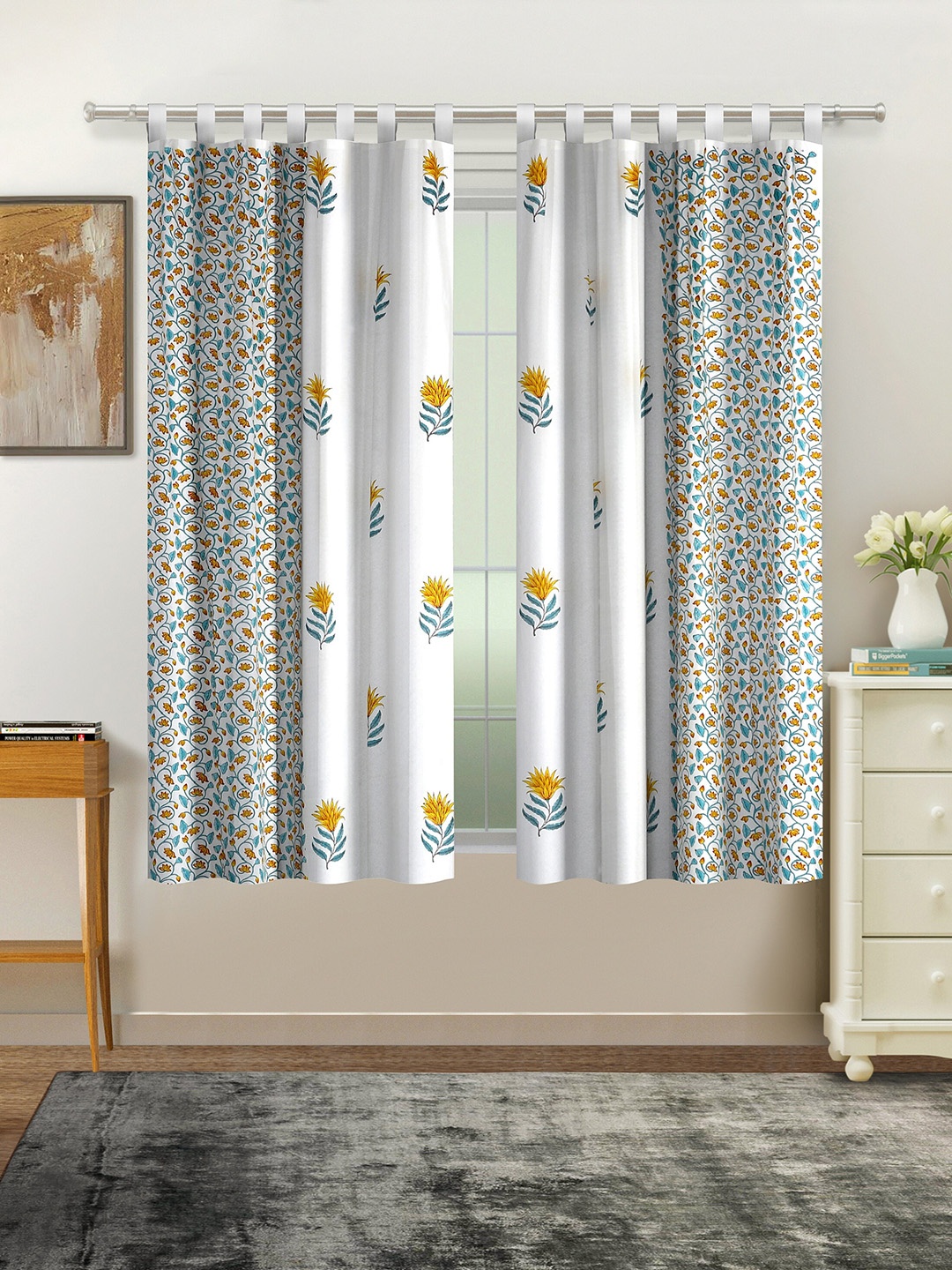 

Rajasthan Decor White & Turquoise Blue Set of 2 Floral Window Curtain