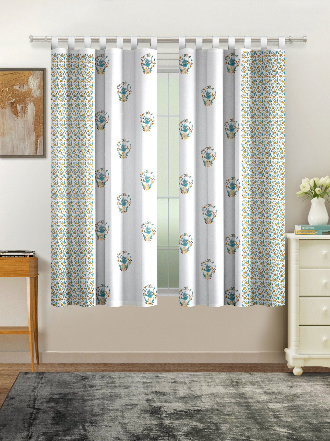 

Rajasthan Decor White & Turquoise Blue Set of 2 Ethnic Motifs Window Curtain
