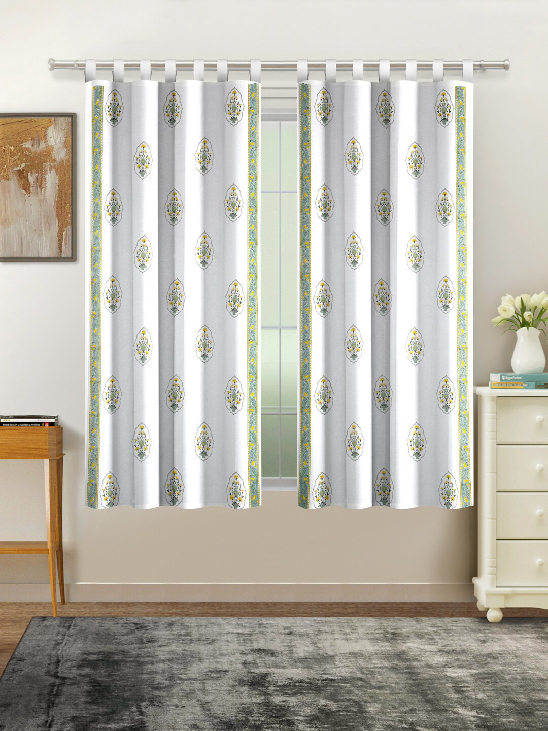 

Rajasthan Decor White & Yellow Set of 2 Floral Window Curtain