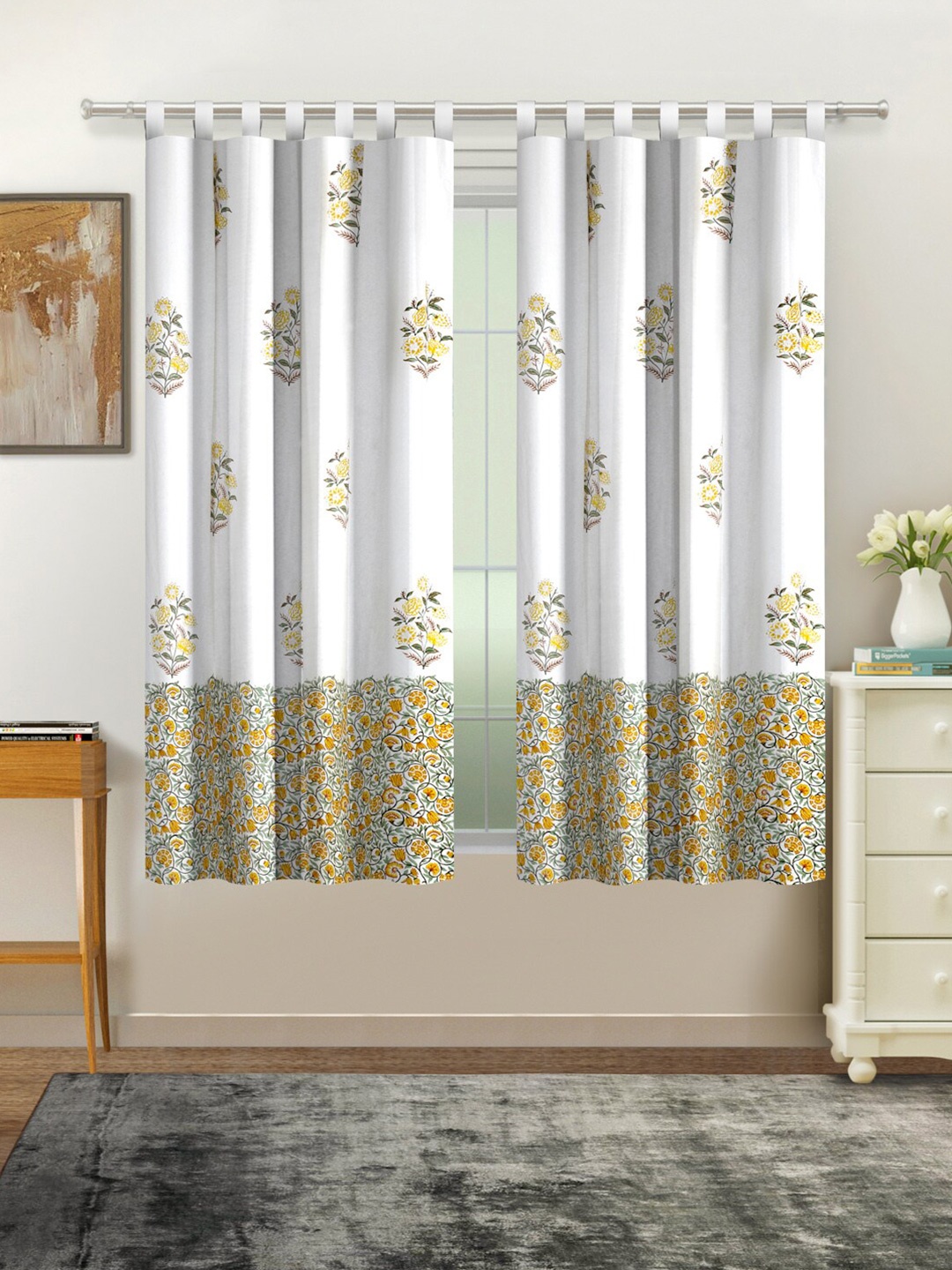 

Rajasthan Decor White & Yellow Set of 2 Floral Window Curtain