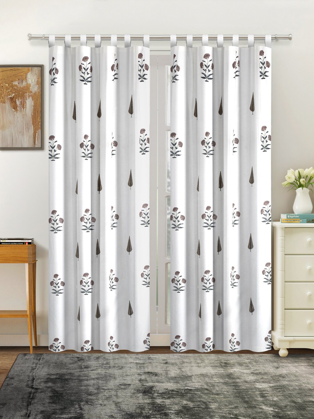 

Rajasthan Decor White & Grey Set of 2 Floral Door Curtain