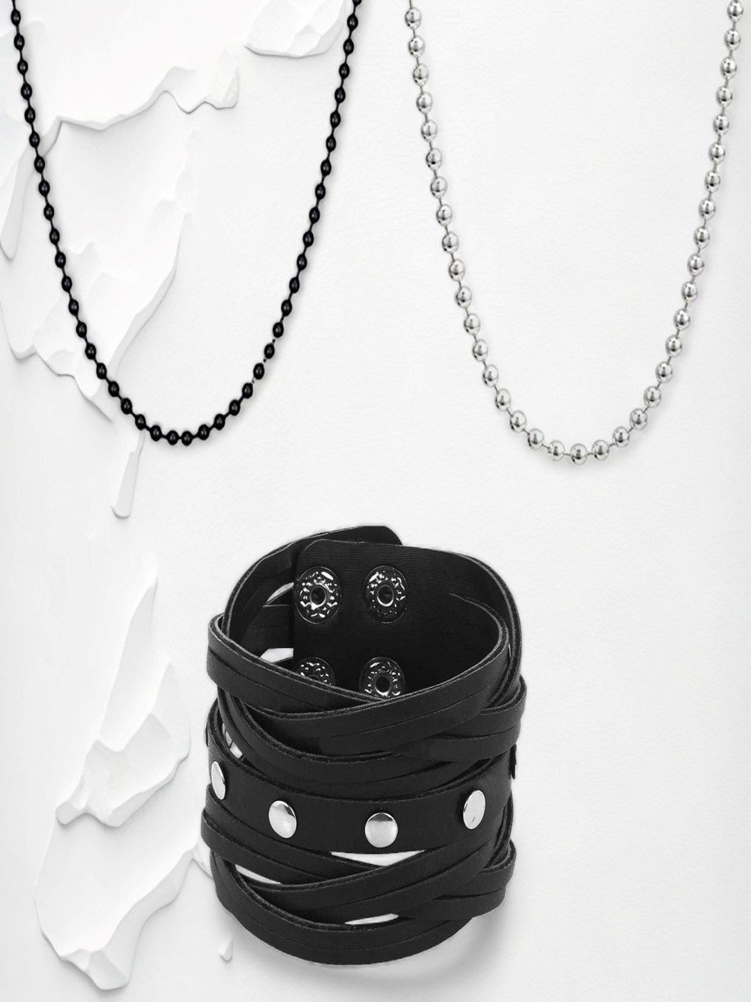

Goldnera Men 2 Chain and 1 Bracelet Black & Silver-Toned Combo