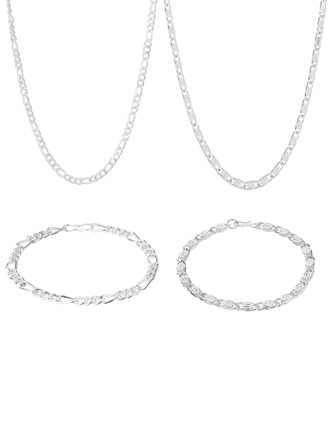 

Goldnera Men 2 Chain and Matching 2 Bracelet Silver-Toned Brass Rhodium-Plated Set