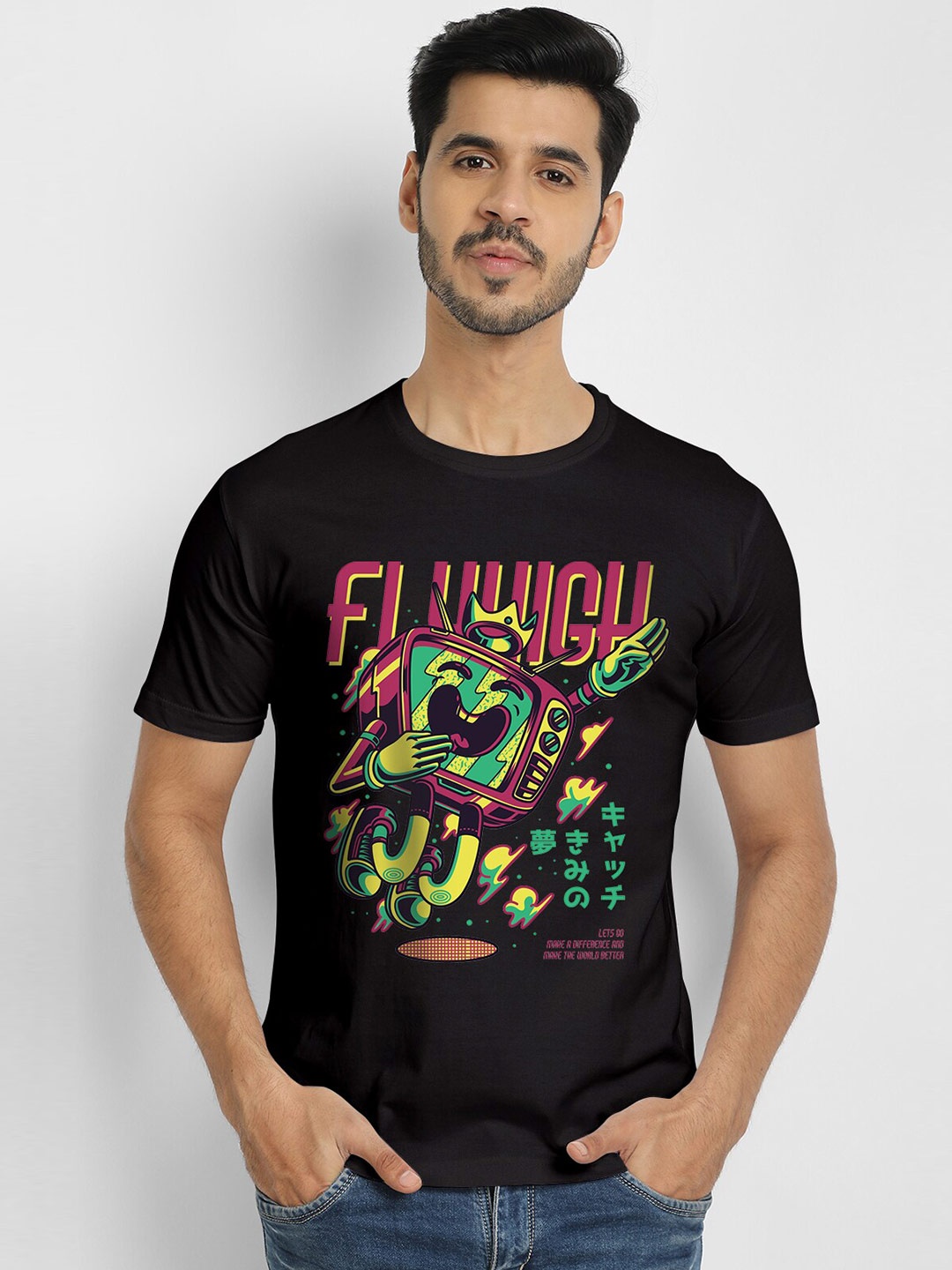 

THREADCURRY Men Black Printed Cotton T-shirt