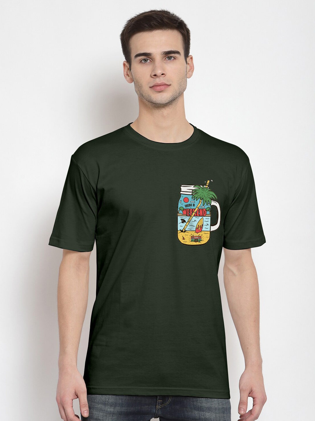 

THREADCURRY Men Olive Green Printed Cotton T-shirt