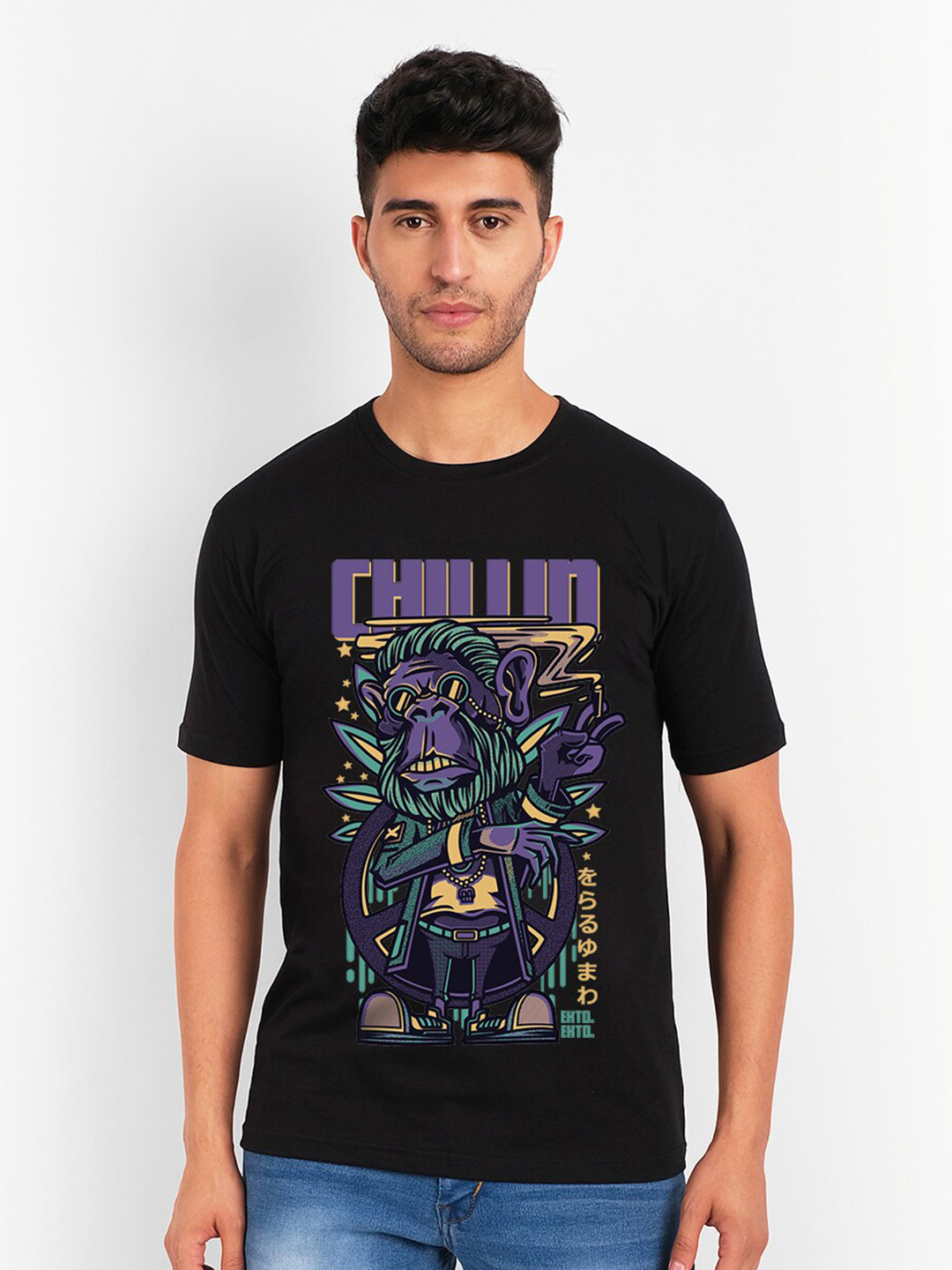 

THREADCURRY Men Black Printed Cotton T-shirt
