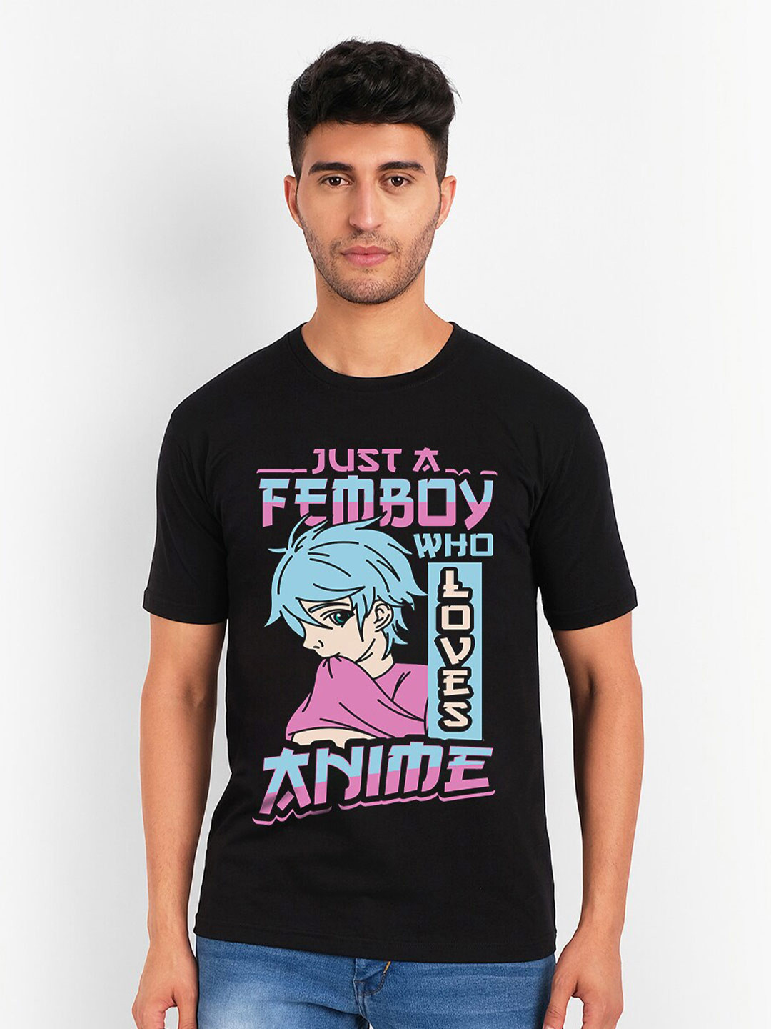 

THREADCURRY Men Black Anime Print Tshirt