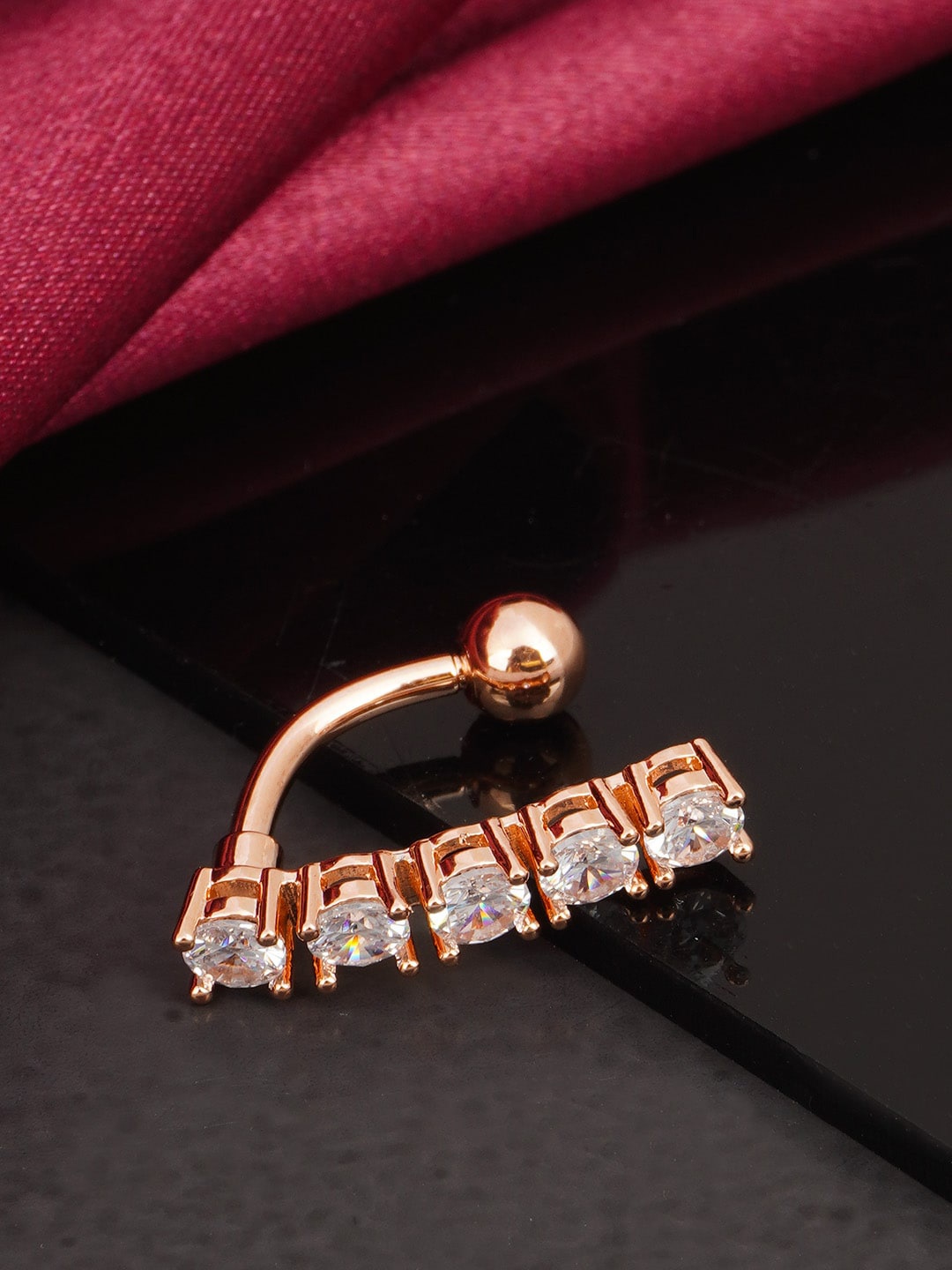 

Ferosh Rose Gold-Toned & White Rhinestones Studded Nosepin