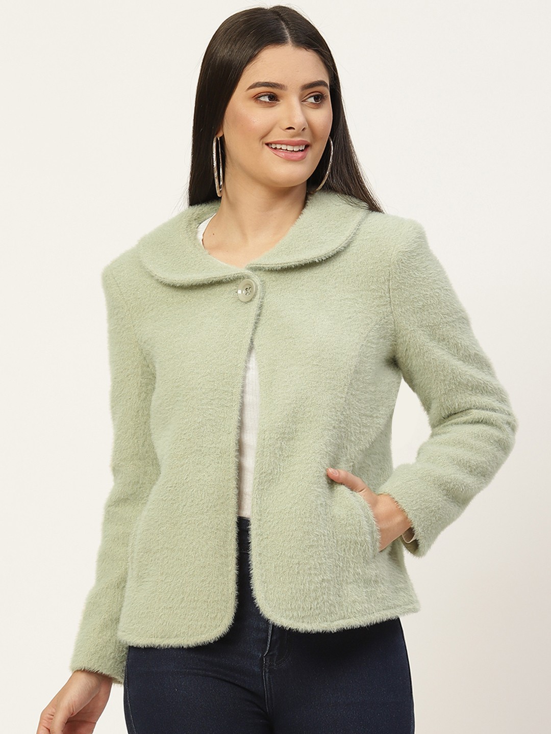 

BROOWL Women Sage Green Solid OverCoat