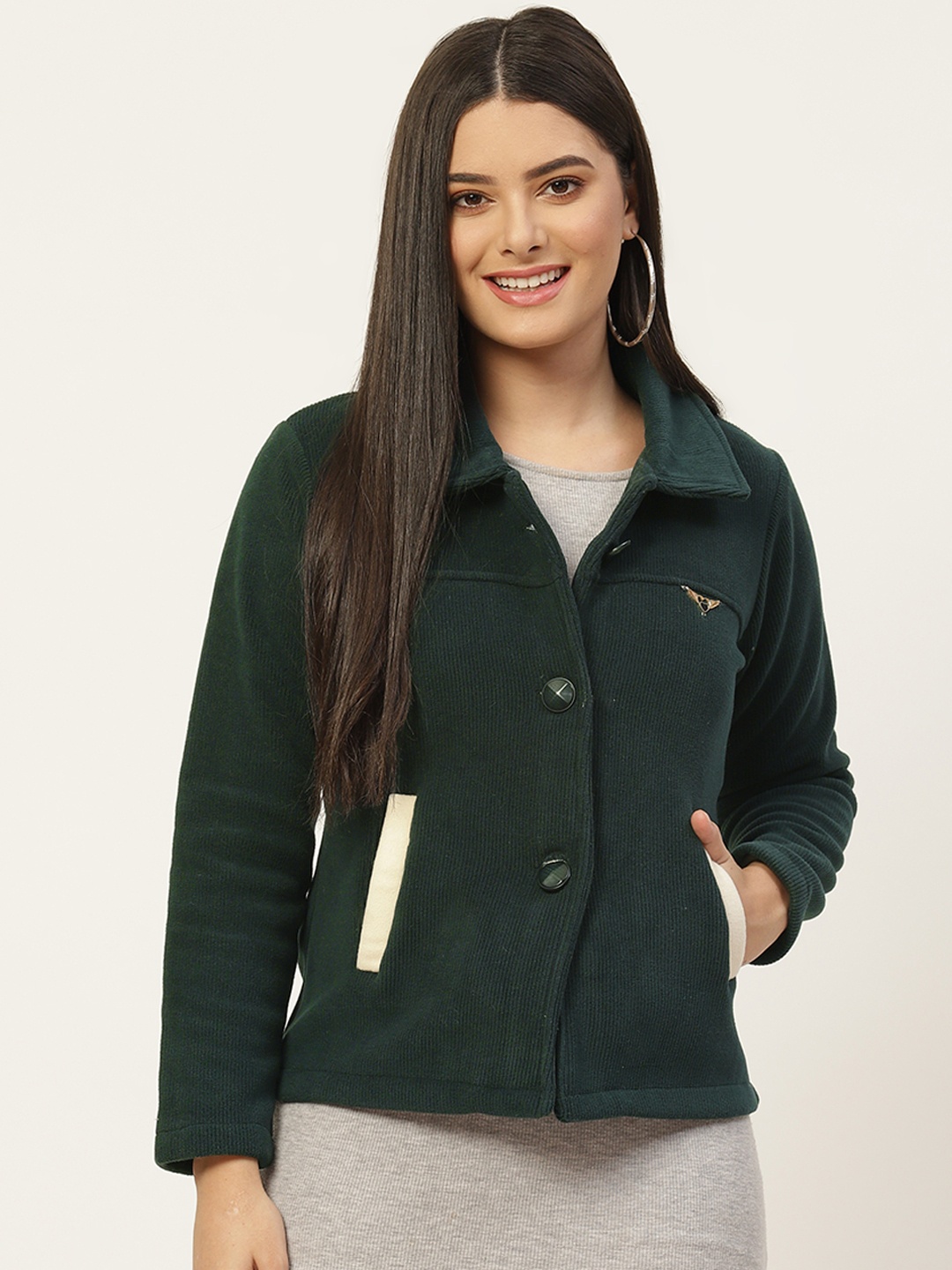 

BROOWL Women Green Solid Corduroy OverCoat