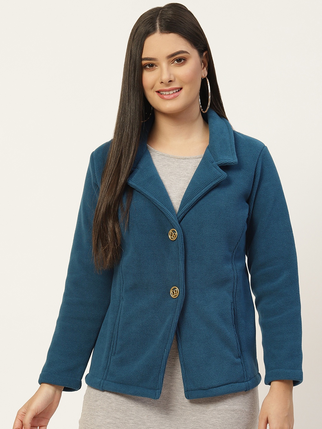 

BROOWL Women Blue Solid Corduroy Single Breasted Blazer