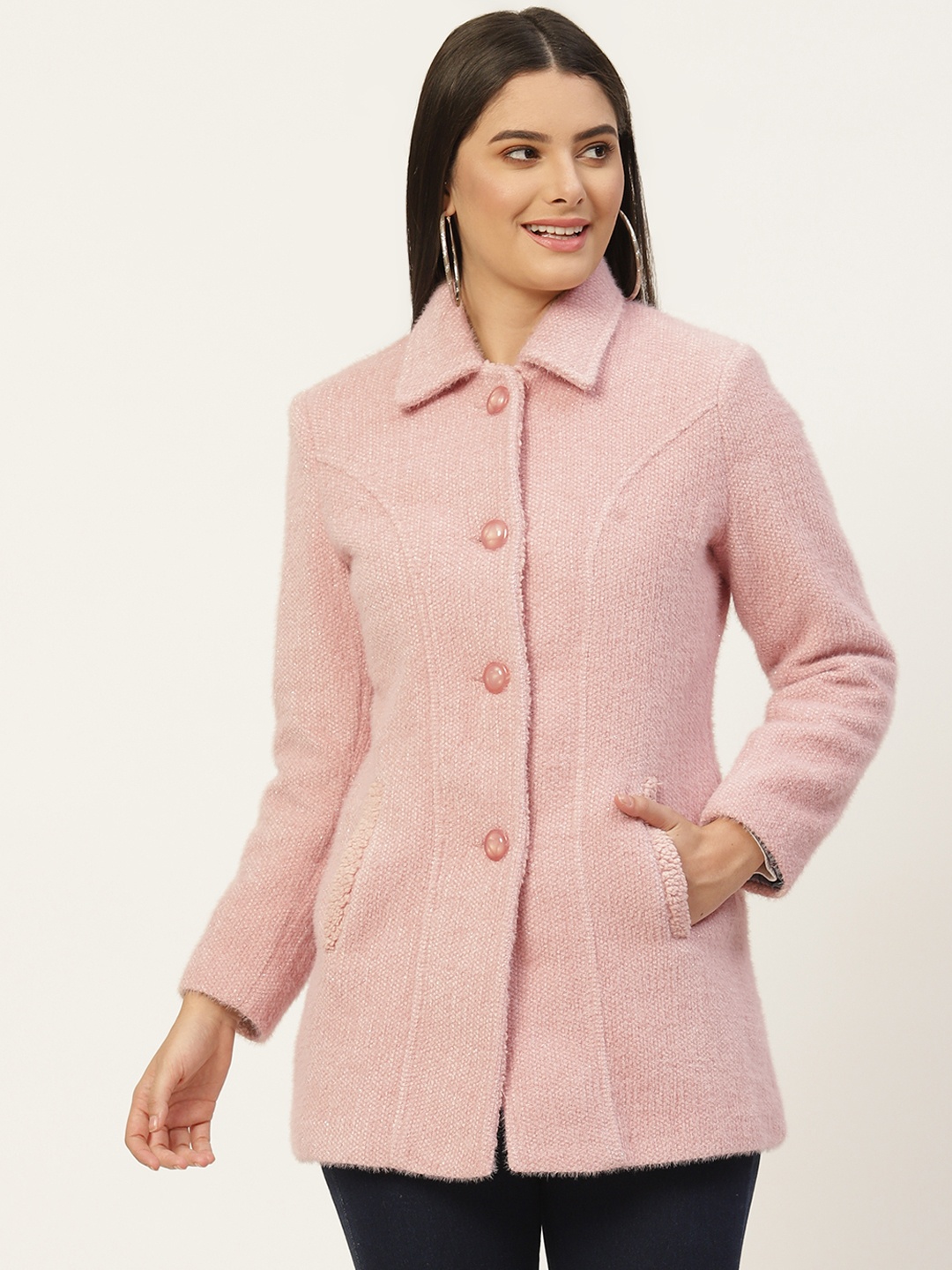 

BROOWL Women Pink Solid Overcoat