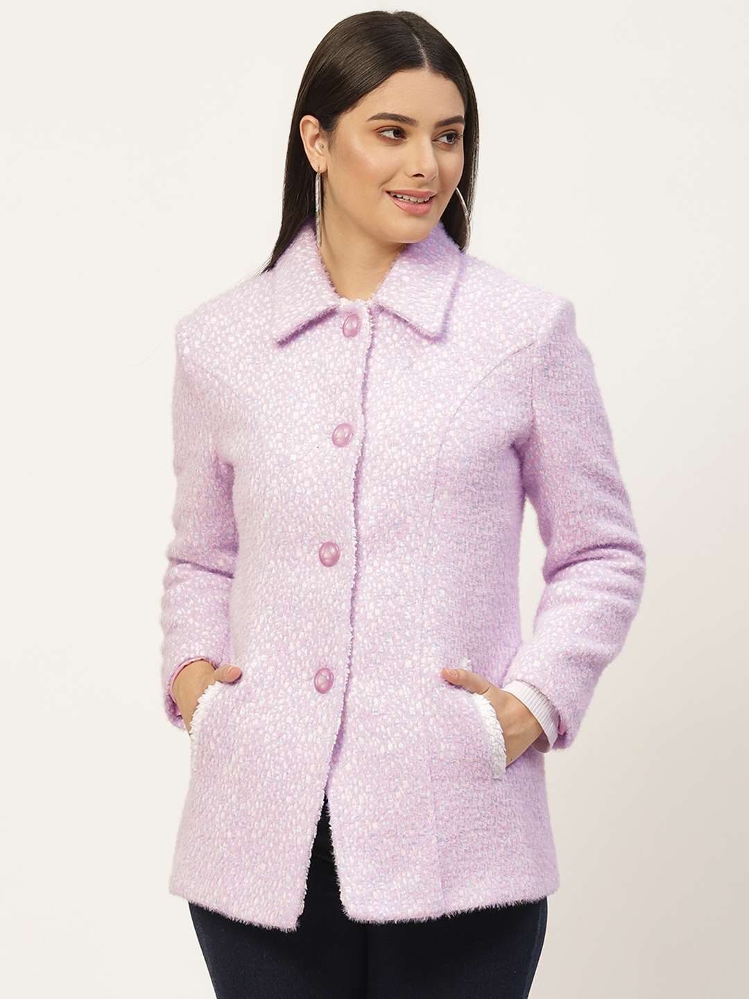 

BROOWL Women Lavender Solid Overcoat