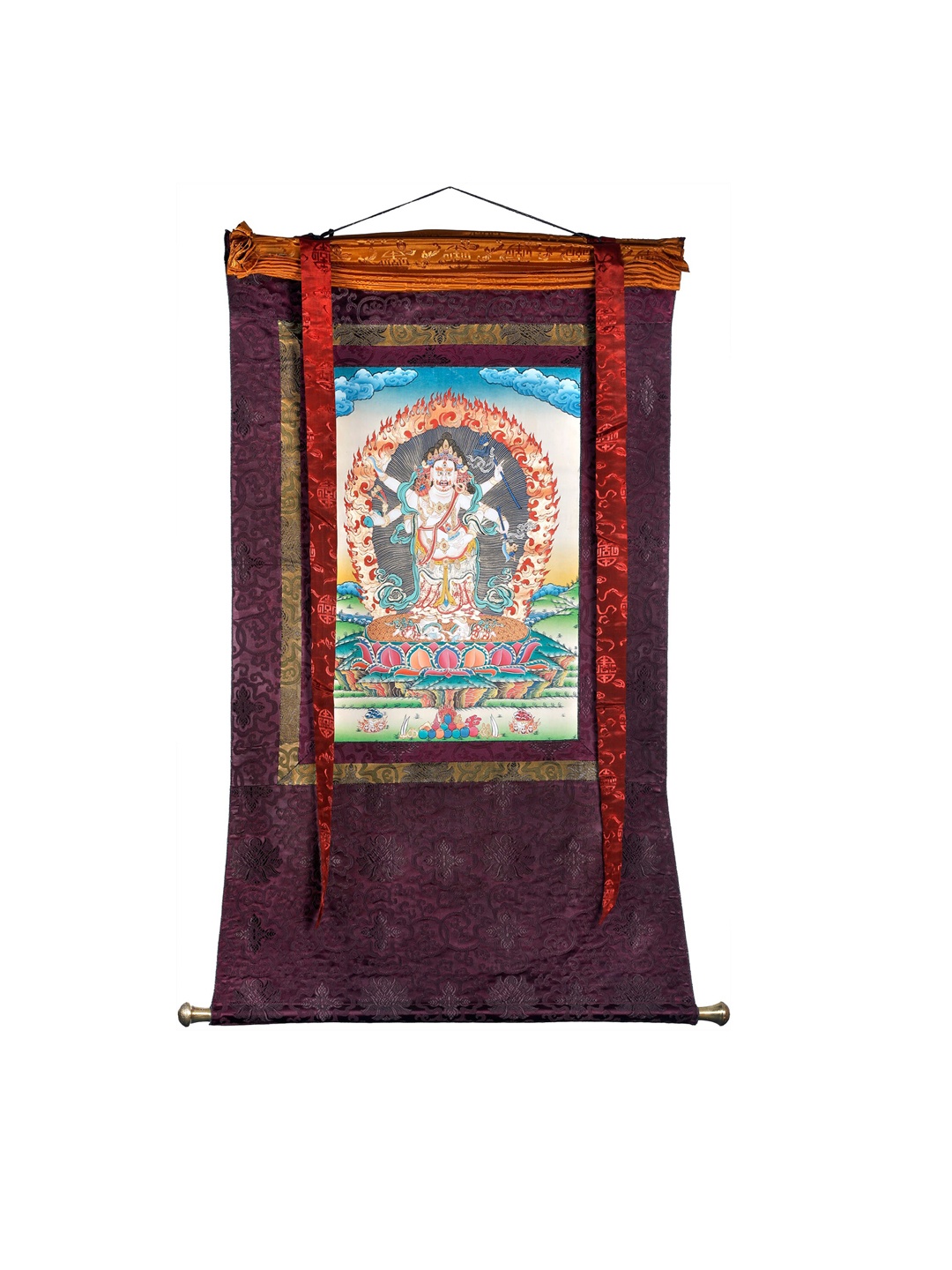 

Exotic India Tibetan Buddhist Six Armed White Mahakala Thangka Painting, Blue