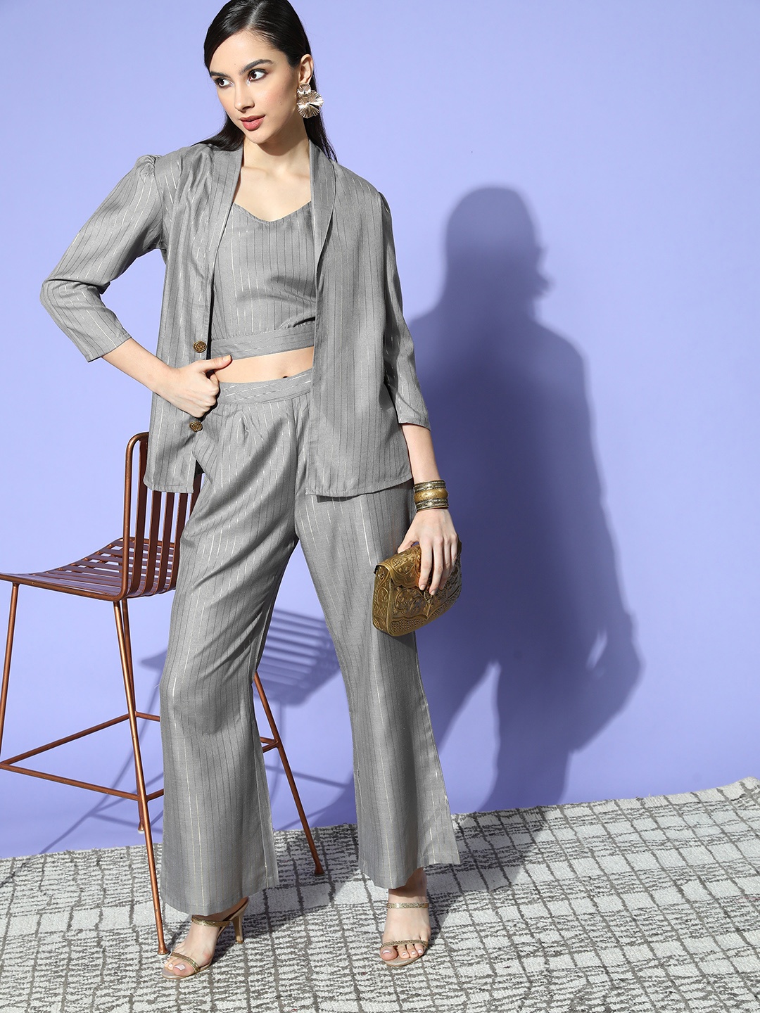

Yufta Women Grey Striped Top with Trousers