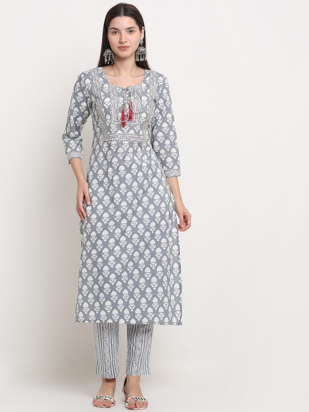 

KALINI Women Grey Yoke Design Thread Work Pure Cotton Kurta with Trousers