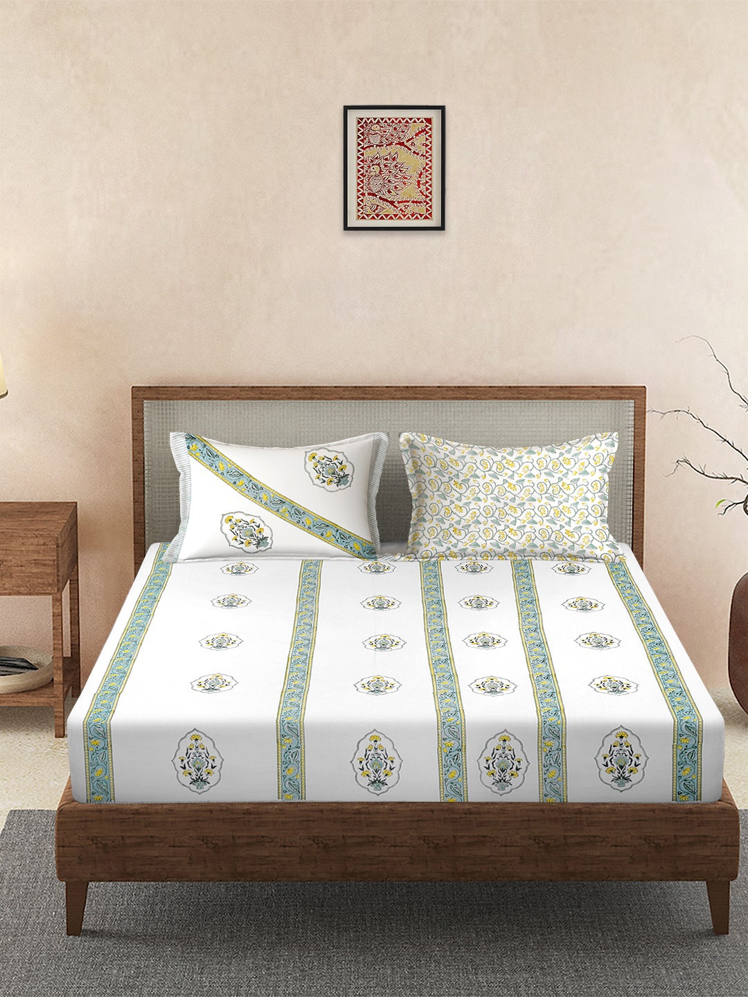 

Rajasthan Decor White & Green Block Print 100% Cotton 160 TC King Bedsheet &2 Pillow Cover