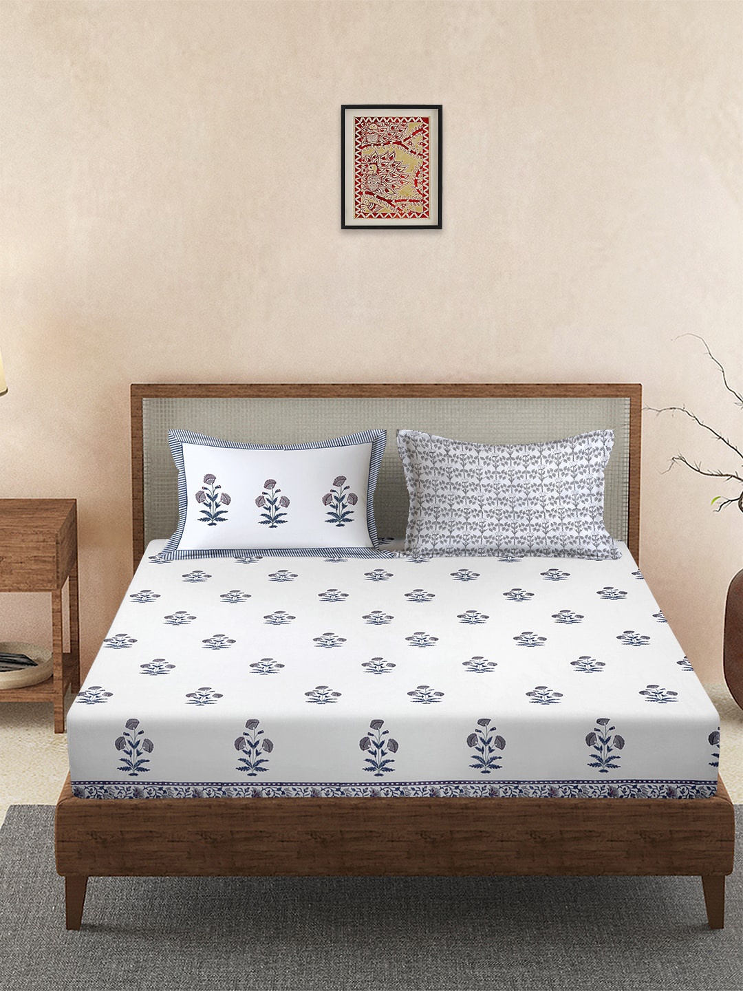 

Rajasthan Decor White & Grey 100% Cotton 210 TC King Bedsheet with 2 Pillow Covers