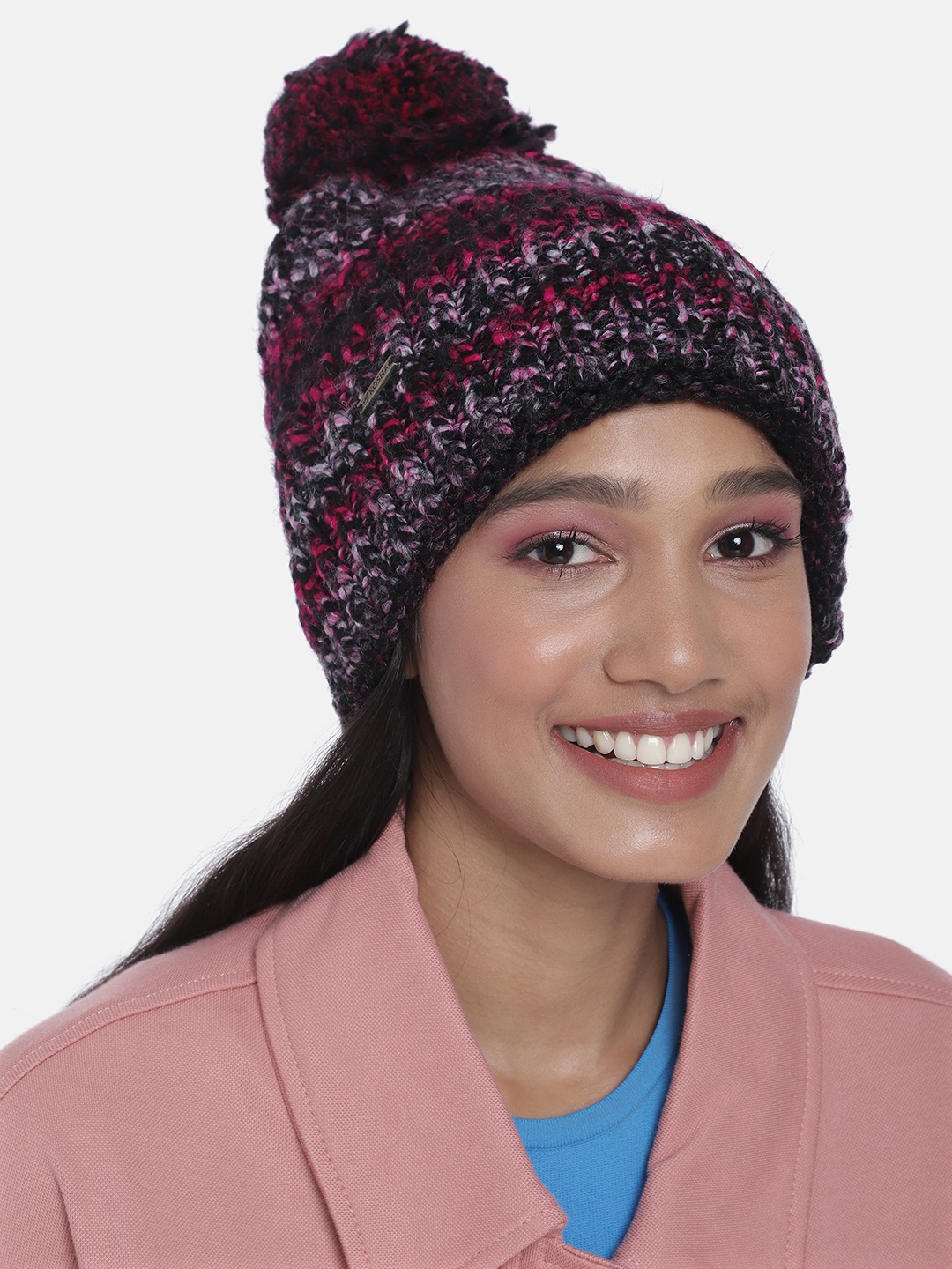 

Kosha Women Black & Red Acrylic Wool Detachable Pom-Pom Rainbow Beanie