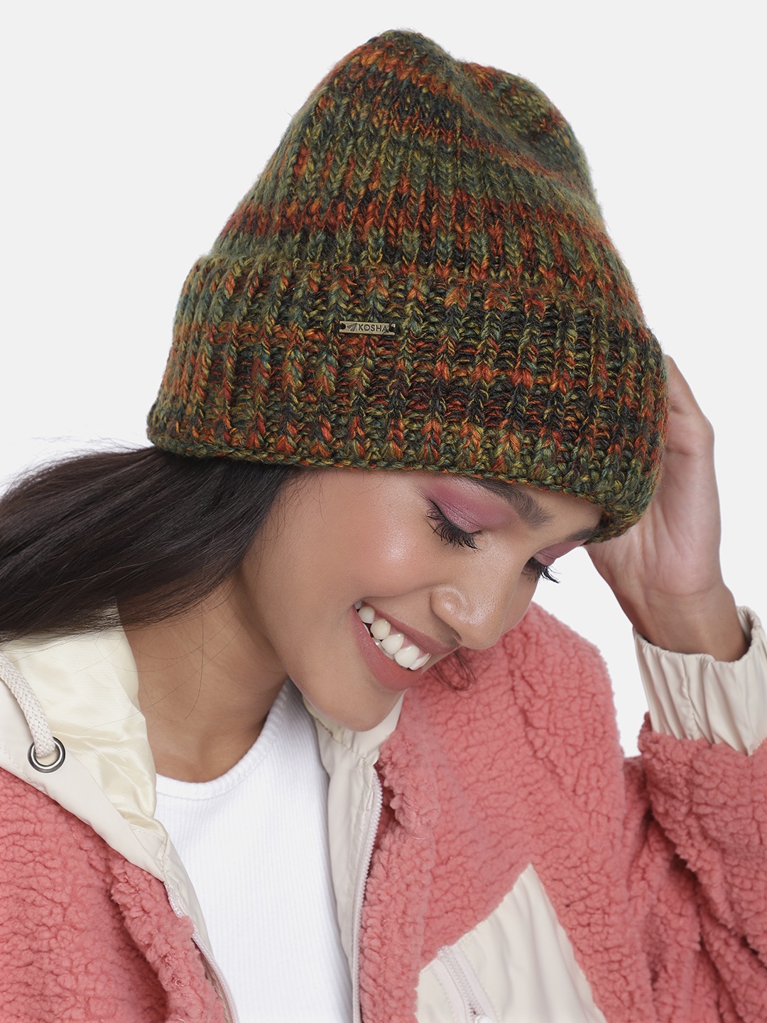 

Kosha Women Green & Orange Acrylic Wool Beanie, Multi