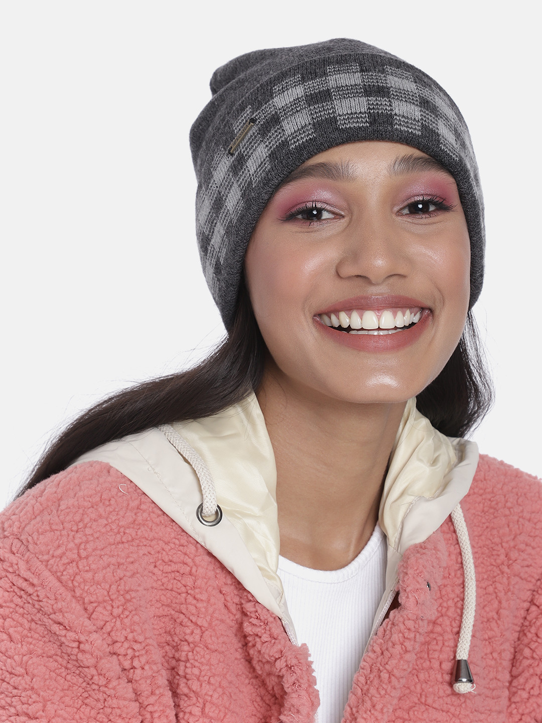 

Kosha Women Grey & White Acrylic Wool Checked Border Beanie, Charcoal