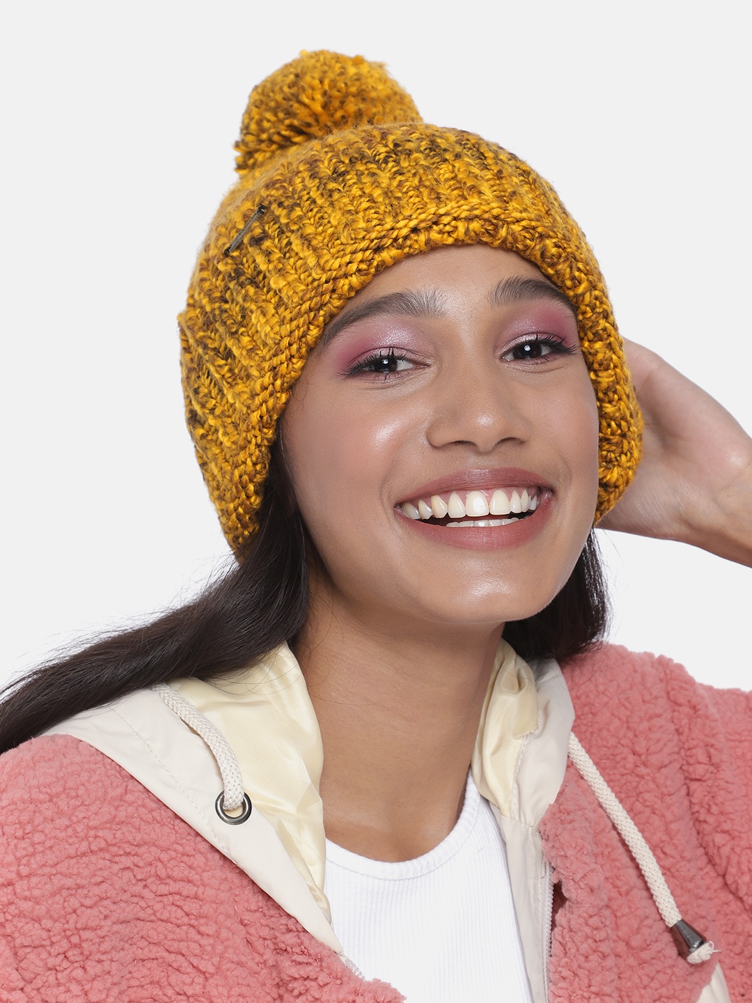 

Kosha Women Yellow & Brown Acrylic Wool Detachable Pom-Pom Rainbow Beanie, Mustard