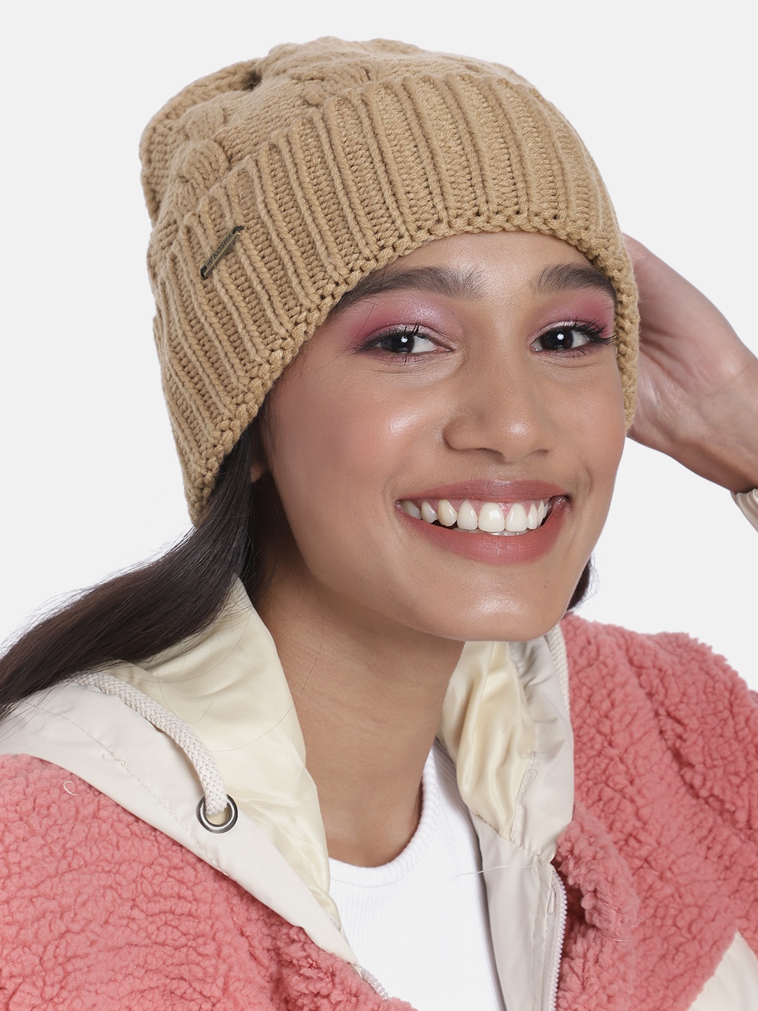 

Kosha Women Coffee Acrylic Wool Cable Knit Beanie, Beige