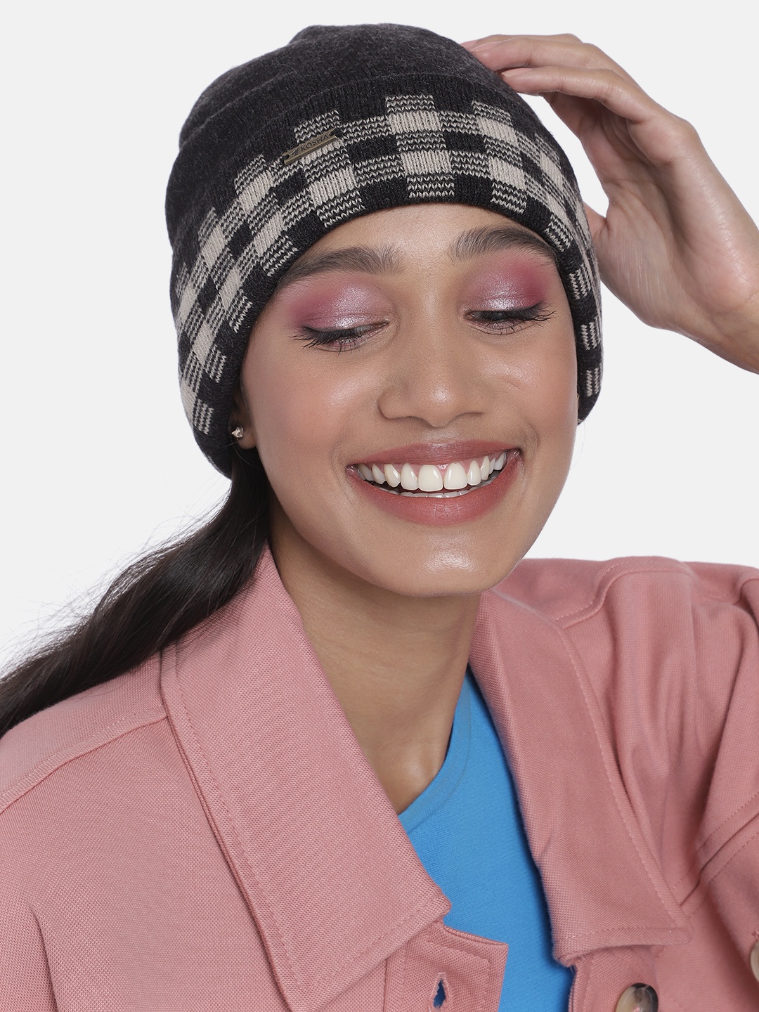 

Kosha Women White & Black Acrylic Wool Checked Border Beanie, Charcoal
