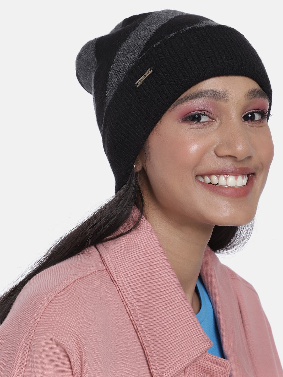 

Kosha Women Black & Grey Diagonal Striped Merino Wool Beanie, Blue