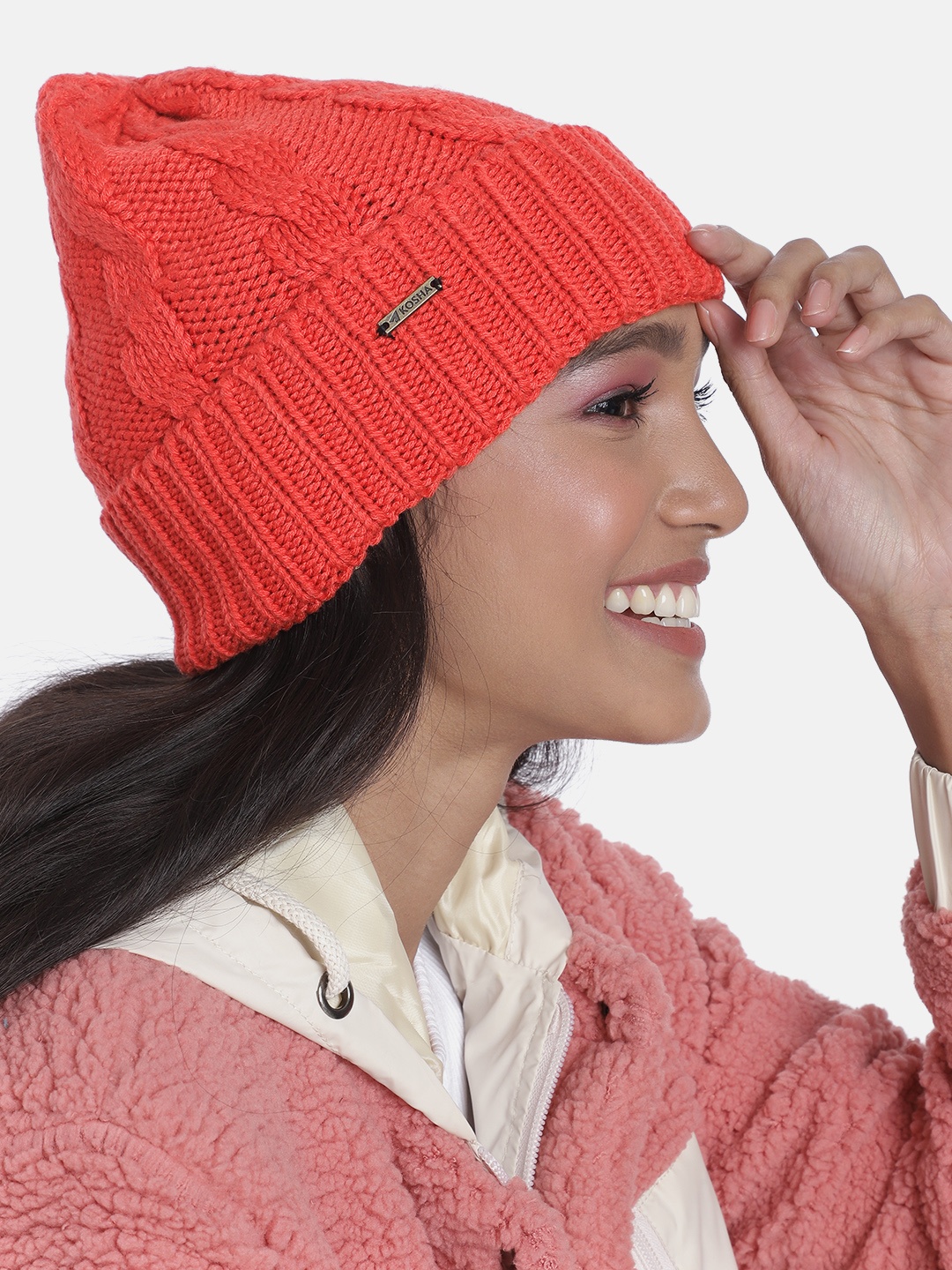 

Kosha Women Orange Acrylic Wool Cable Knit Beanie