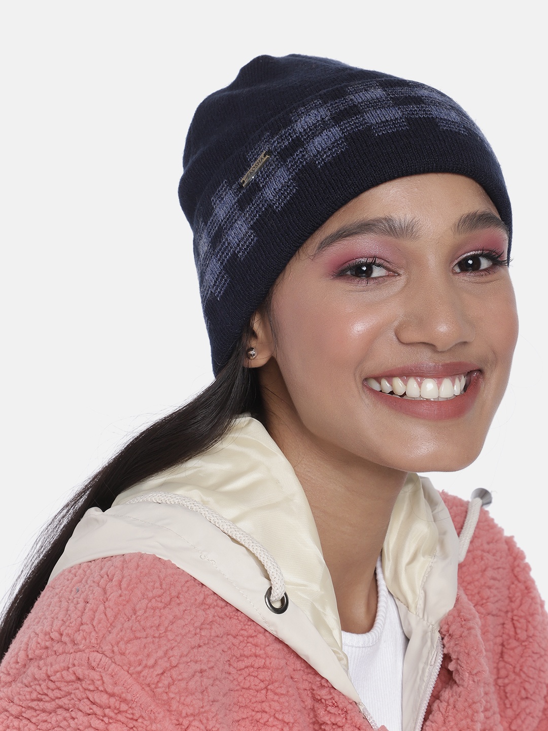 

Kosha Women Blue & Black Acrylic Wool Checked Border Beanie