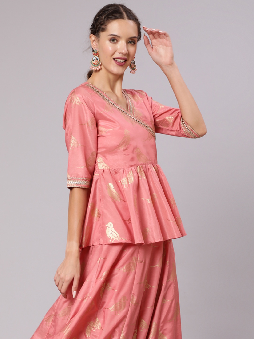 

Jaipur Kurti Women Peach And Gold Toned Woven Design Lehenga And Peplum Top With Dupatta