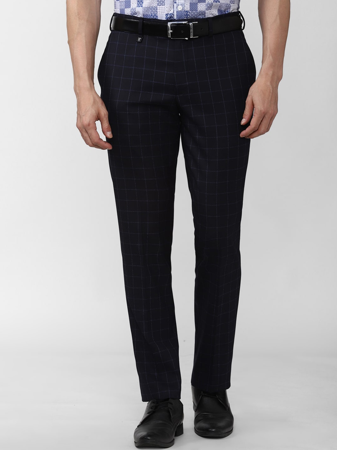 

V Dot Men Navy Blue Checked Slim Fit Trousers