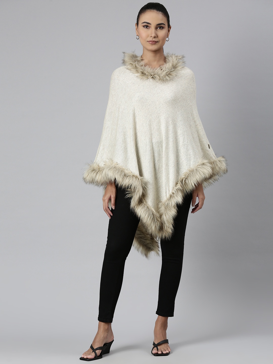 

Kosha Women Cream Cashmere Wool Solid Faux Fur Longline Asymmetric Poncho