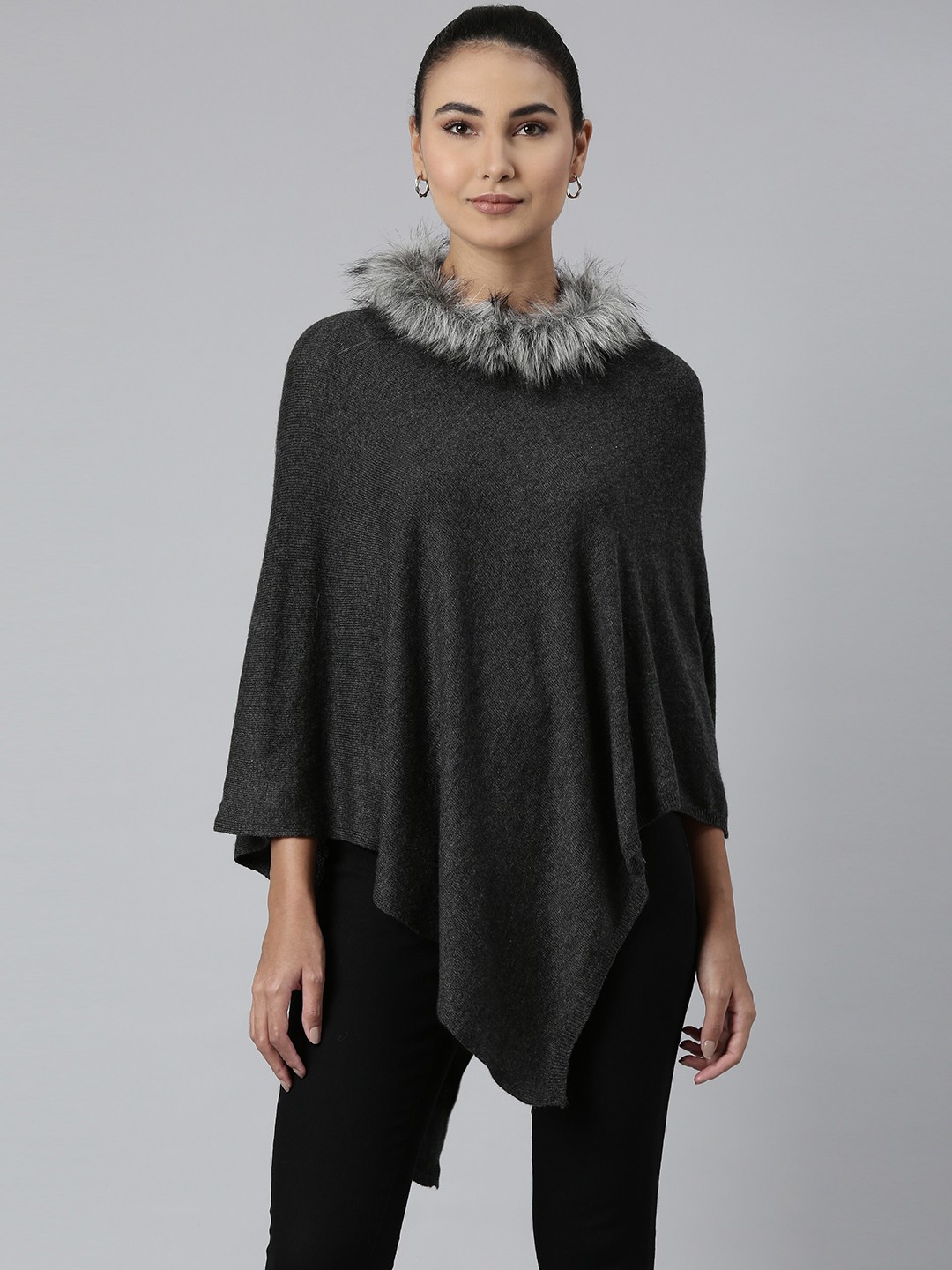 

Kosha Women Charcoal Cashmere Wool Solid Faux Fur Longline Asymmetric Poncho
