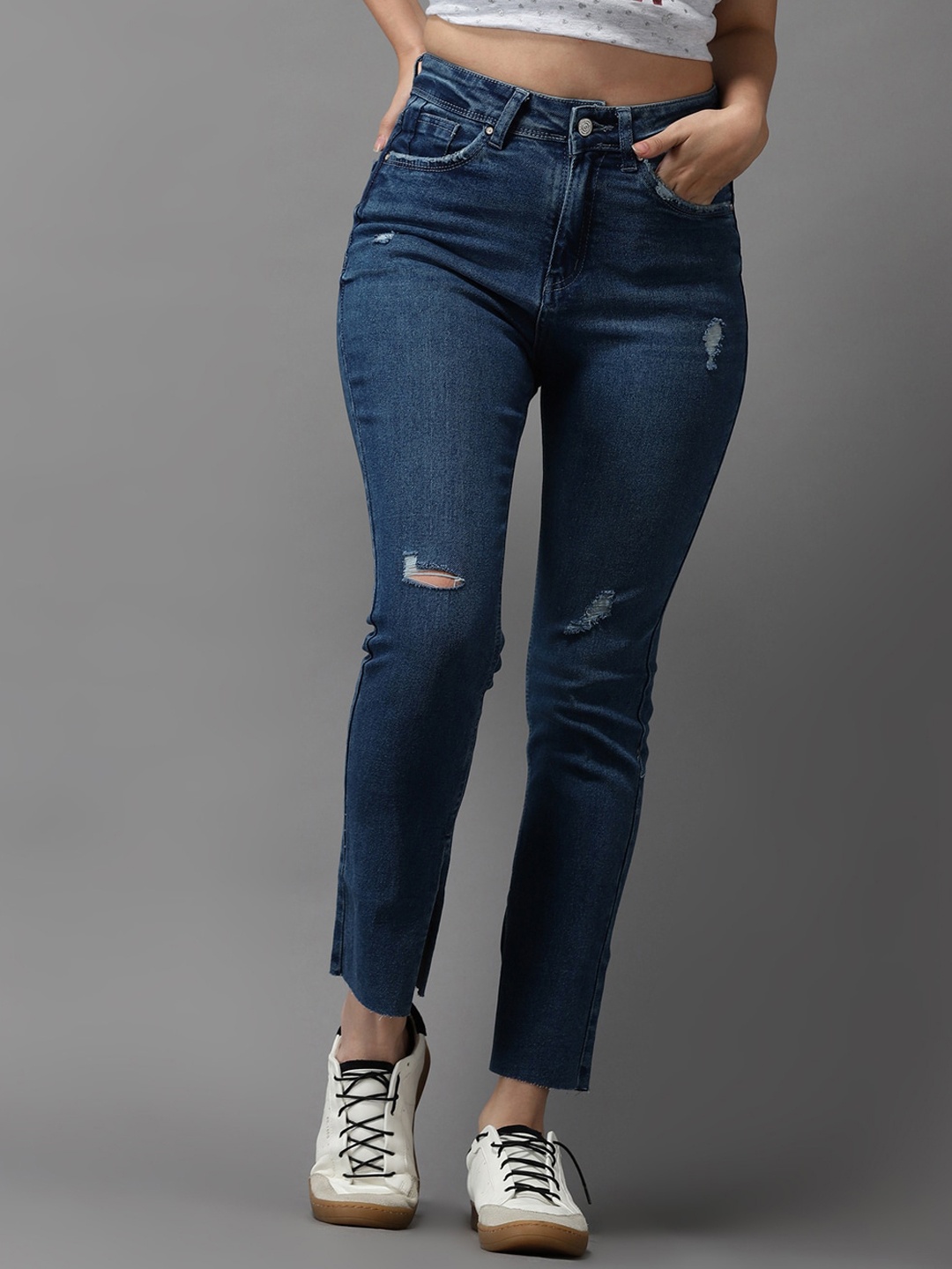 

SHOWOFF Women Blue Jean Slim Fit High-Rise Mildly Distressed Light Fade Stretchable Jeans