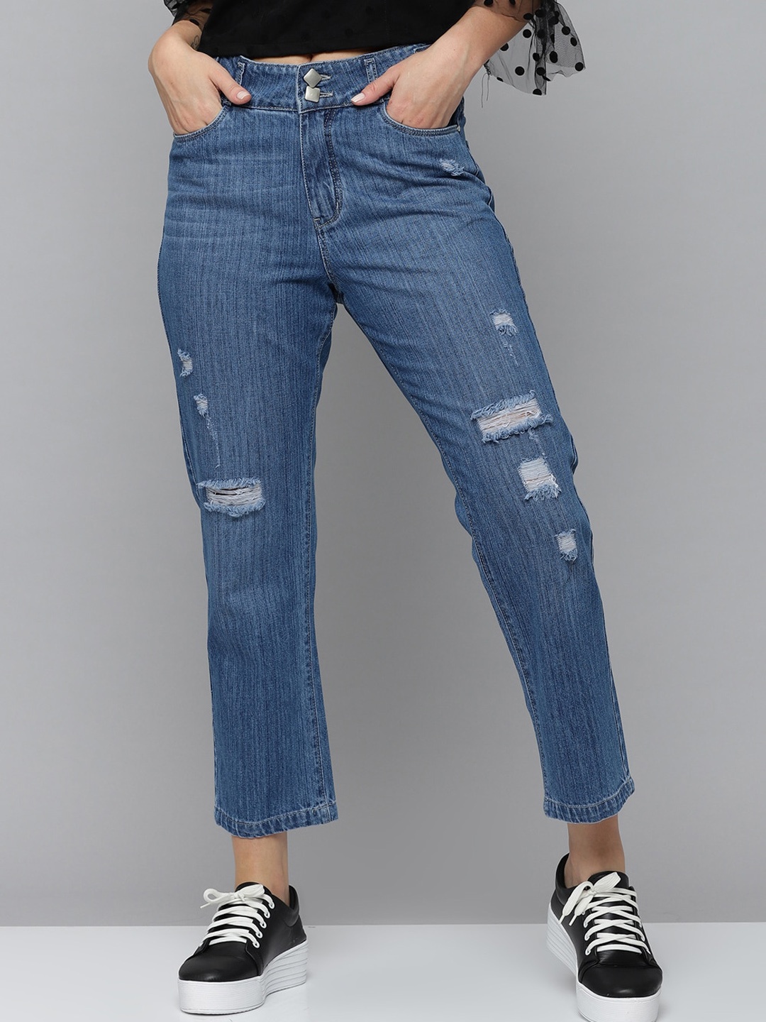 

SHOWOFF Women Blue Jean Relaxed Fit High-Rise Mildly Distressed Light Fade Stretchable Jeans