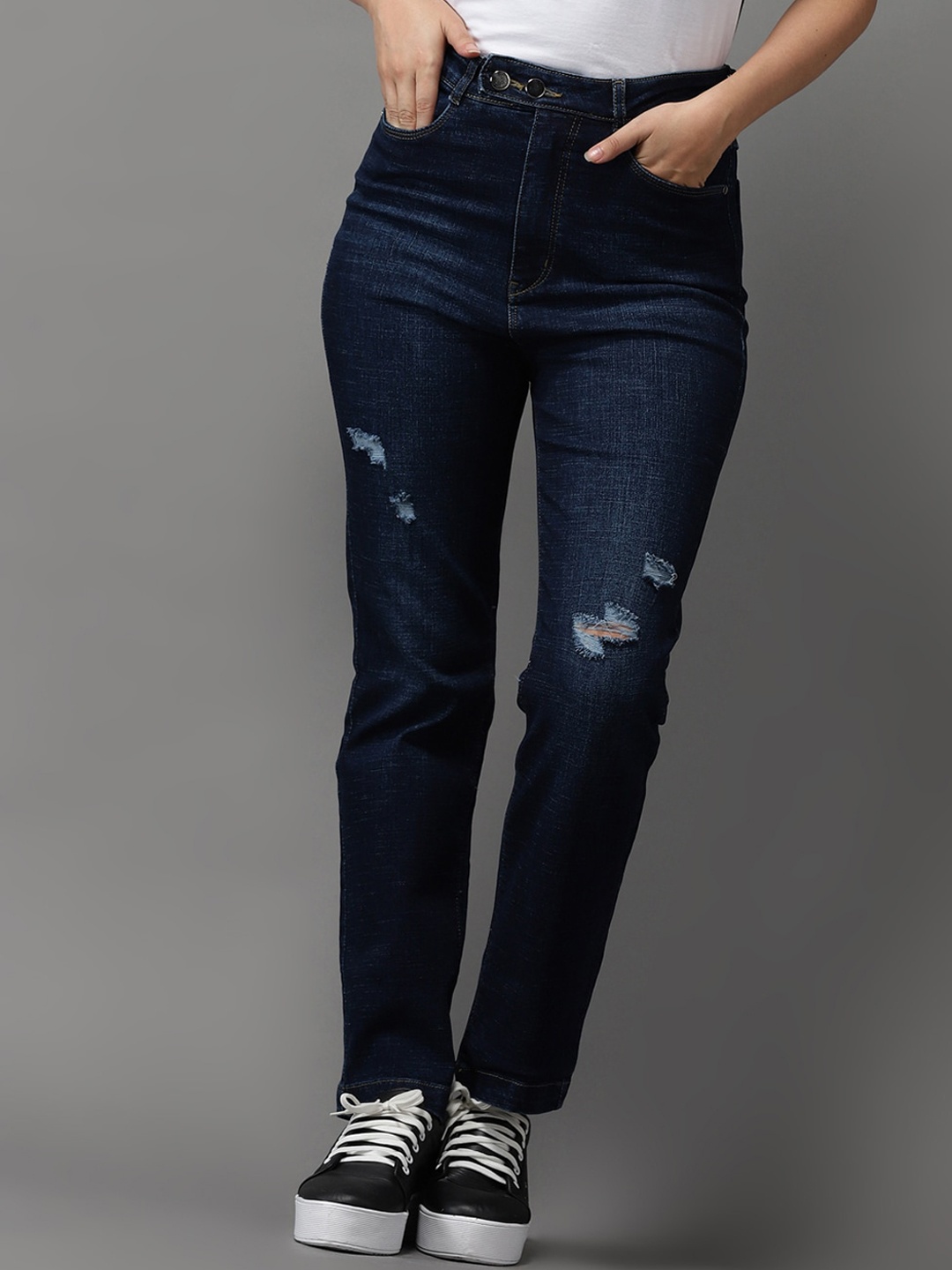 

SHOWOFF Women Navy Blue Jean Straight Fit High-Rise Mildly Distressed Light Fade Stretchable Jeans