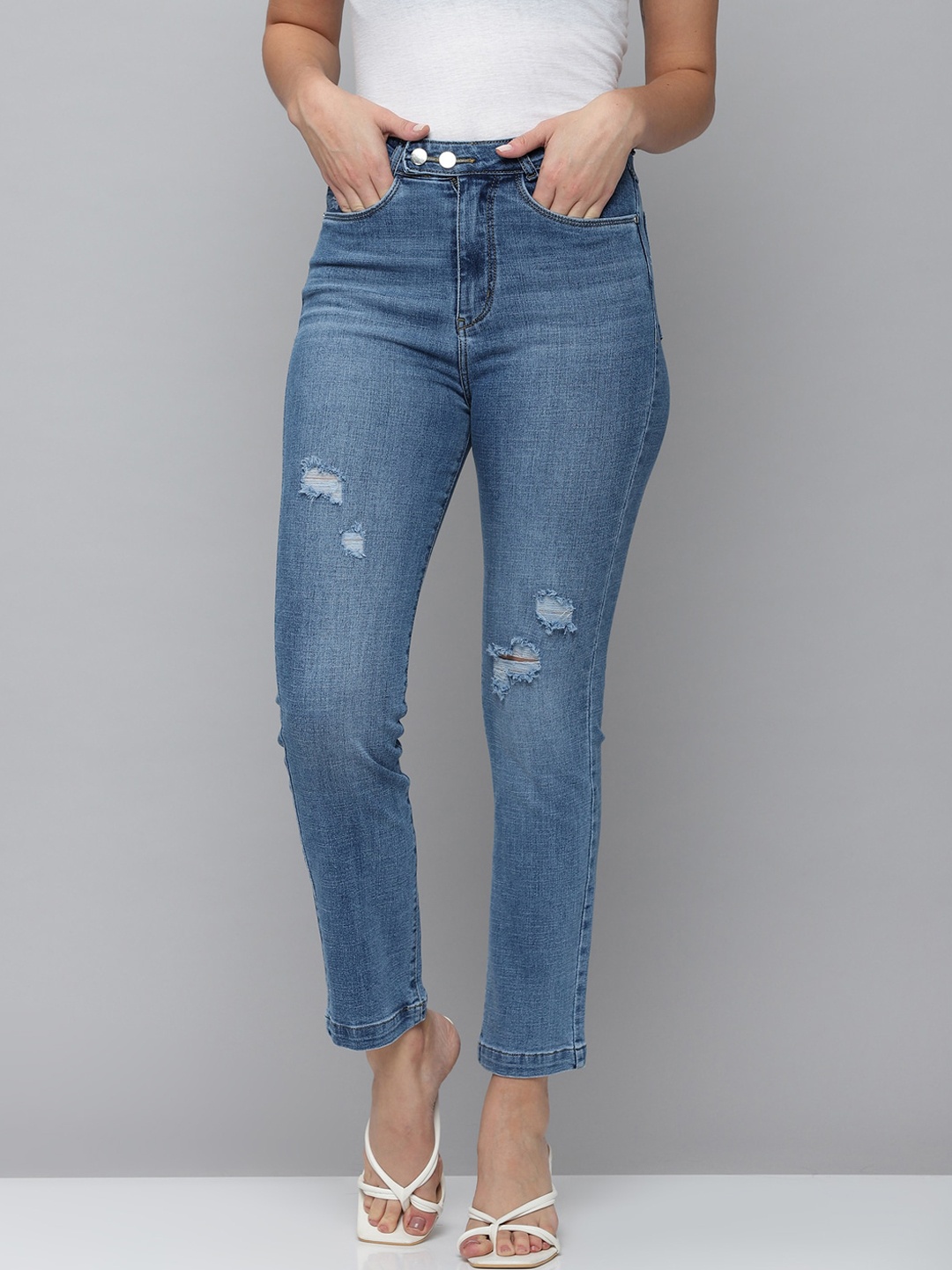 

SHOWOFF Women Blue Jean Straight Fit High-Rise Mildly Distressed Light Fade Stretchable Jeans