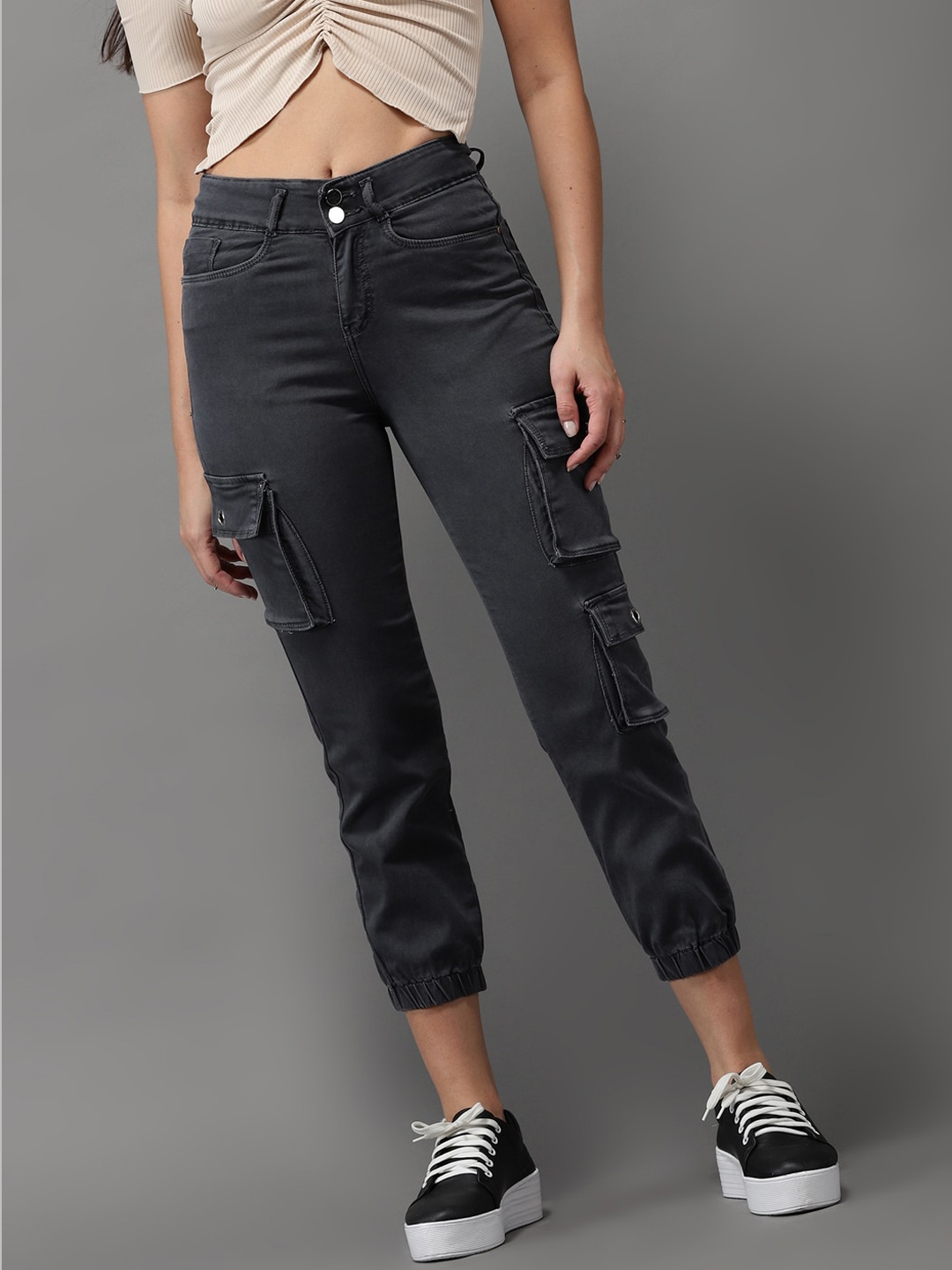 

SHOWOFF Women Grey Jean Jogger High-Rise Highly Distressed Stretchable Jeans